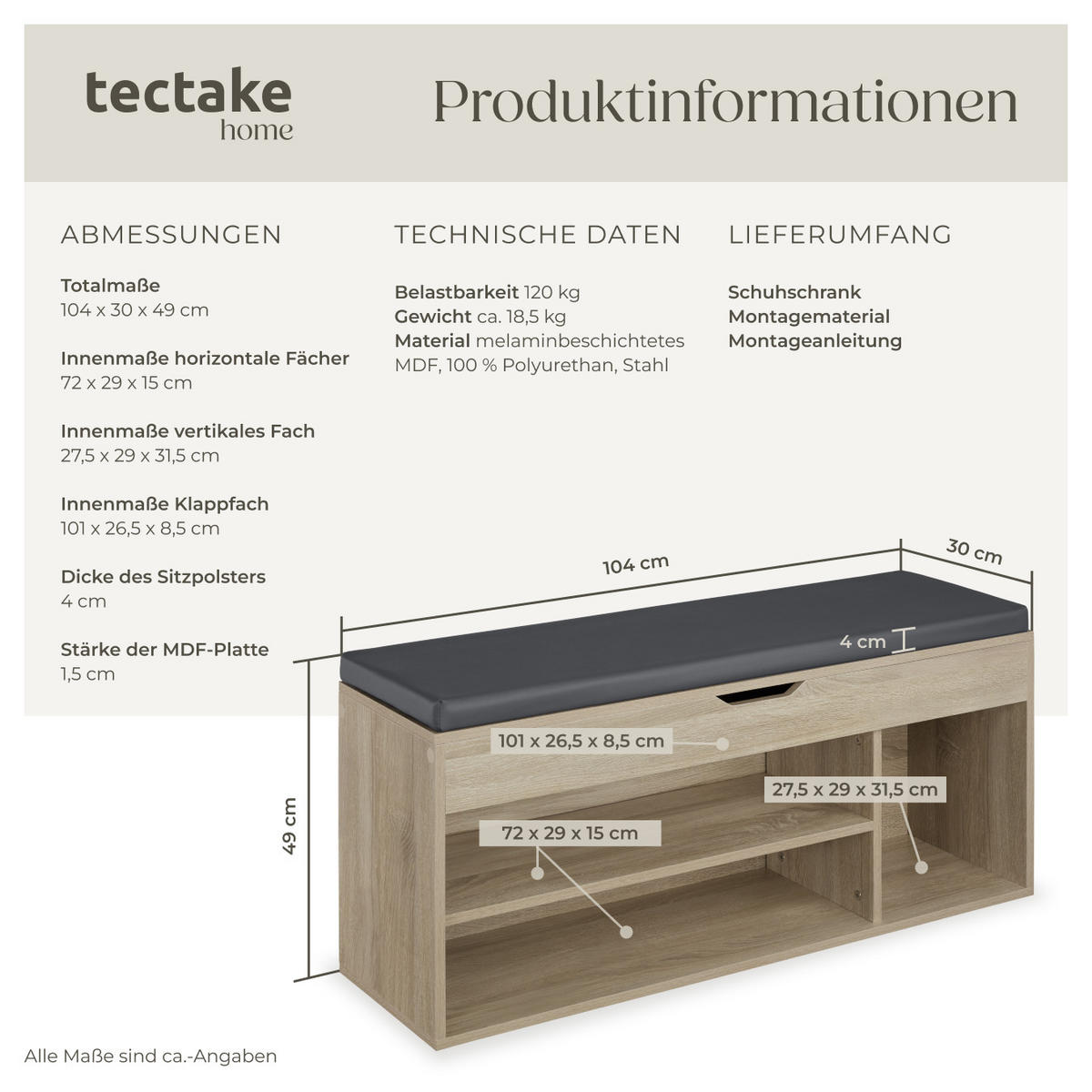 SCHUHBANK Natalya,104 x 30 x 49 cm,Holz hell, Eiche Sonoma - Eiche Artisan, Holz (30/49/104cm) - tectake