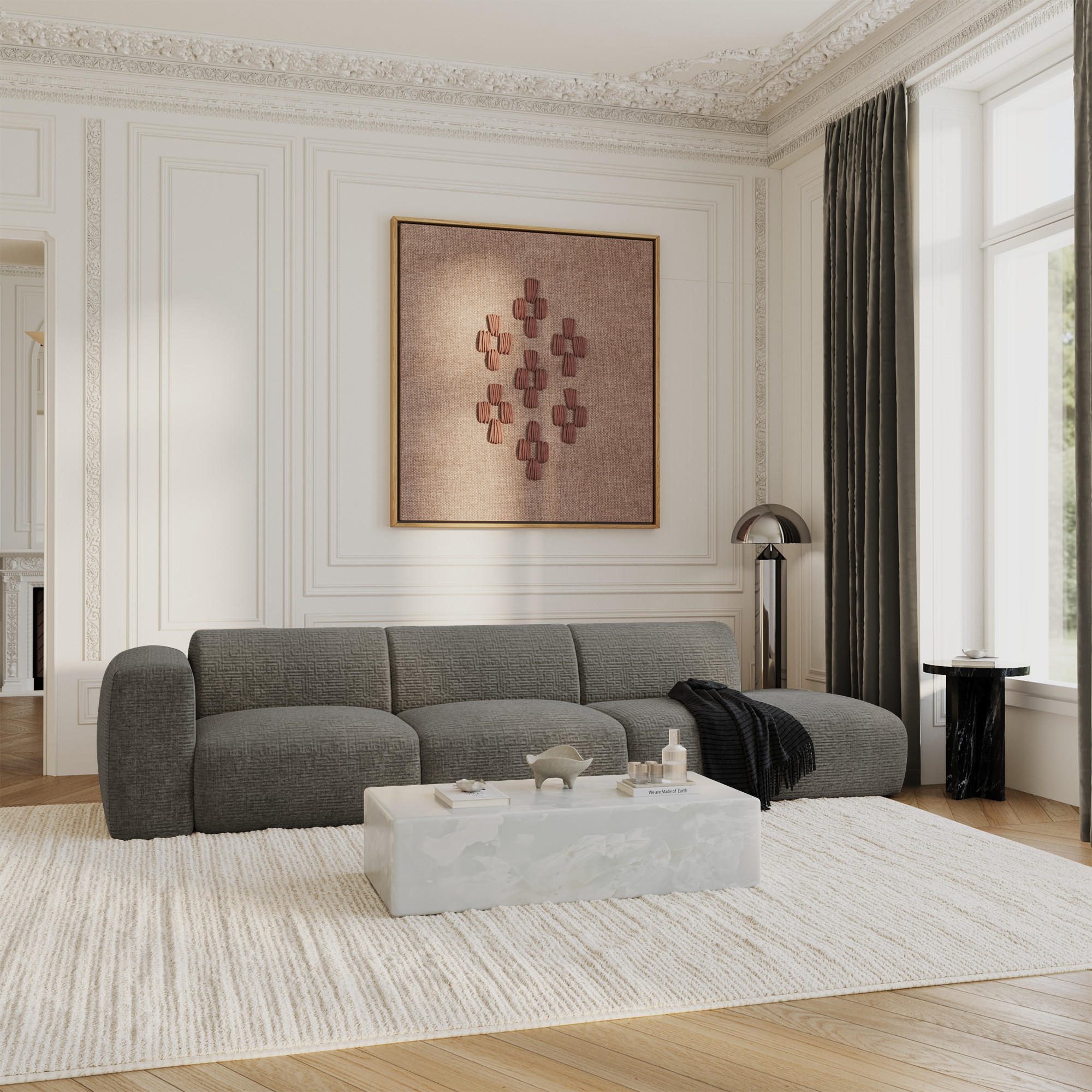 SOFA 5-Sitzer Gemusterter Samt Grau 310cm - Grau, Textil (310/73/96cm) - Sia Home