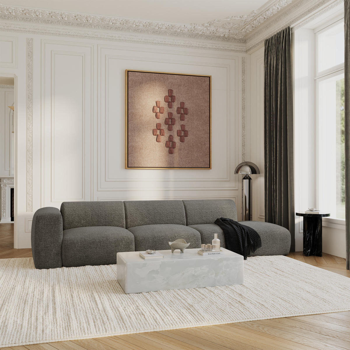 SOFA 5-Sitzer Gemusterter Samt Grau 310cm - Grau, Textil (310/73/96cm) - Sia Home