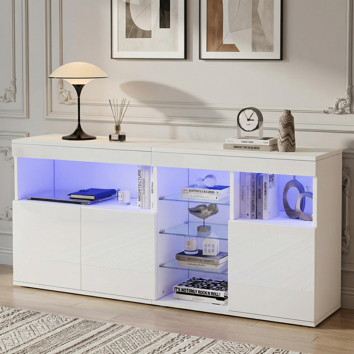 SIDEBOARD in Weiß Hochglanz mit App-gesteuerter LED - Weiß, Holzwerkstoff (155/72/35cm) - Urban Meuble