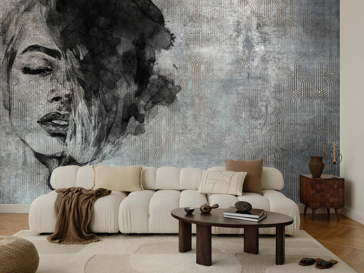FOTOTAPETE für Wohnzimmer Abstrakte Frau Porträt Beton Ornament 150x105 - Grau, Papier (150/105cm) - Muralo