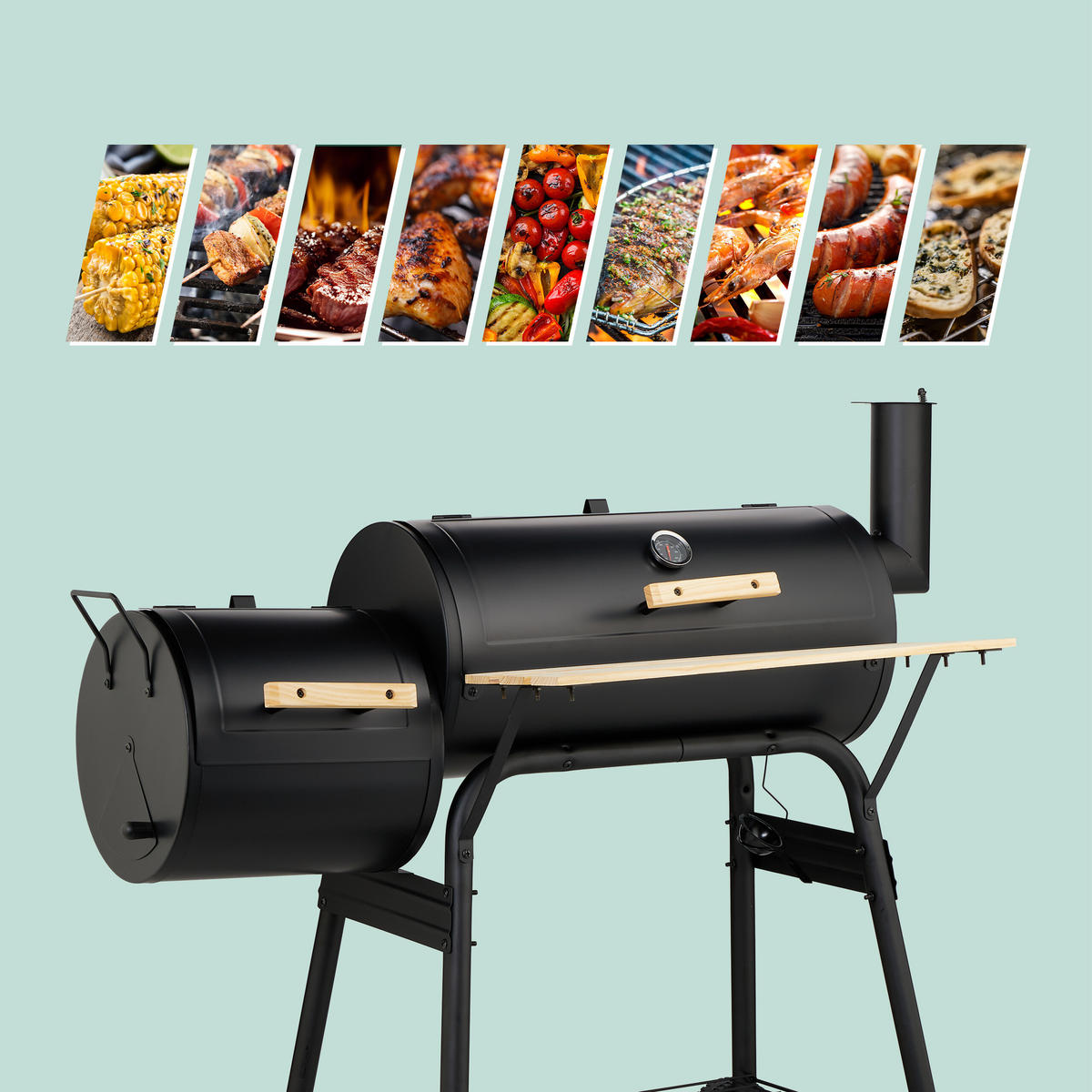 SMOKER-GRILL - Schwarz, Holz/Kunststoff (114/106/67cm) - Relaxdays