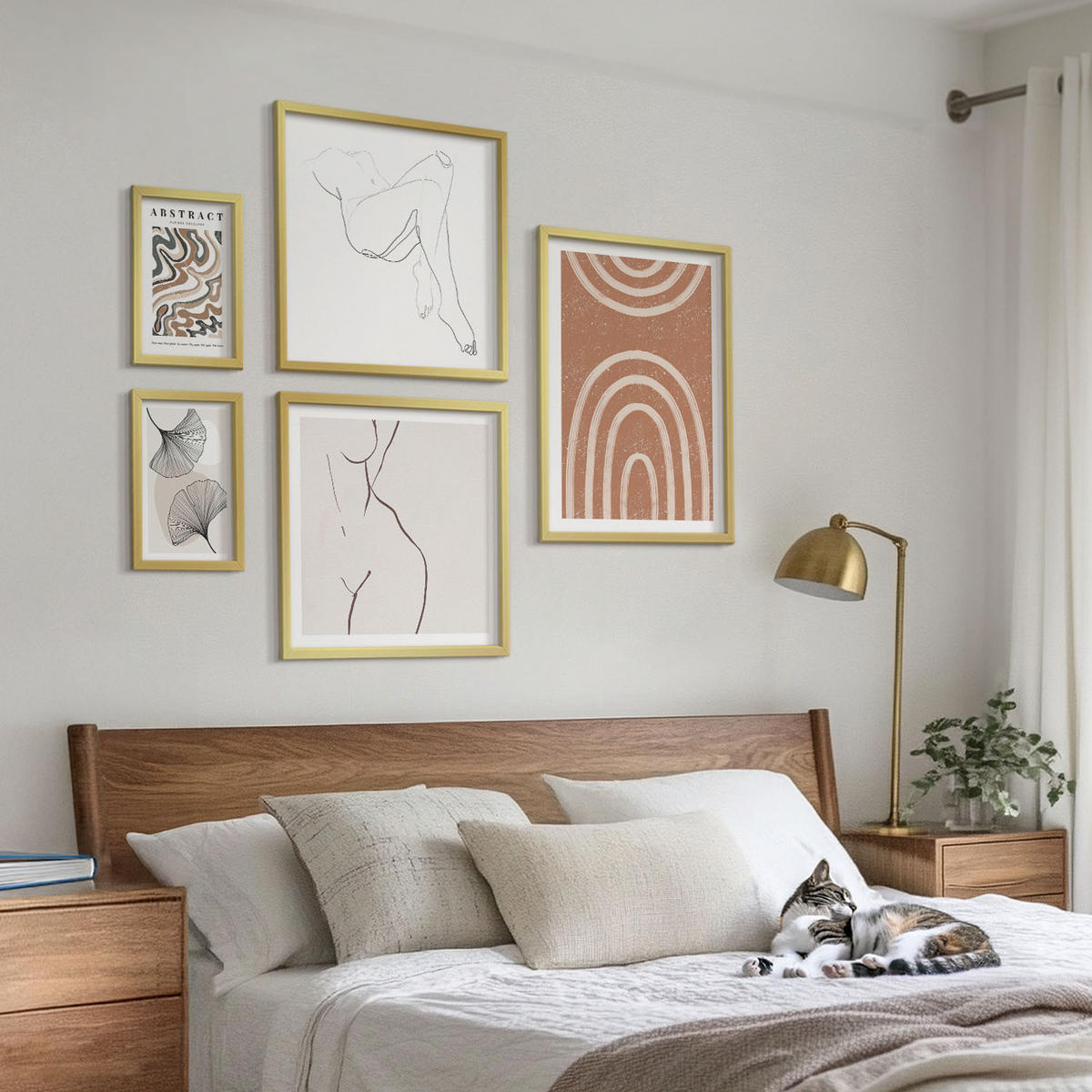 WANDBILDER 5er Set - 50x50 cm & 20x30 cm & 40x60 cm Goldrahmen - Abstrakte Boho-Blattformen - Goldfarben, Kunststoff (40/60cm) - ArtPrintCave