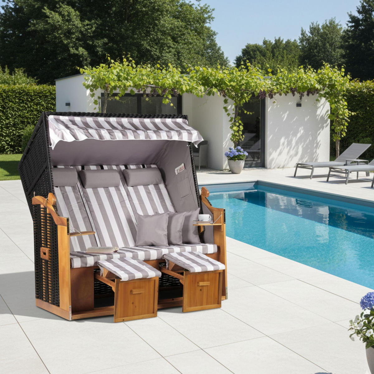 STRANDKORB XXL Ostsee 3Sitzer PE Schwarz - Schwarz/Braun, Metall (160/160/80cm) - Mr. Deko