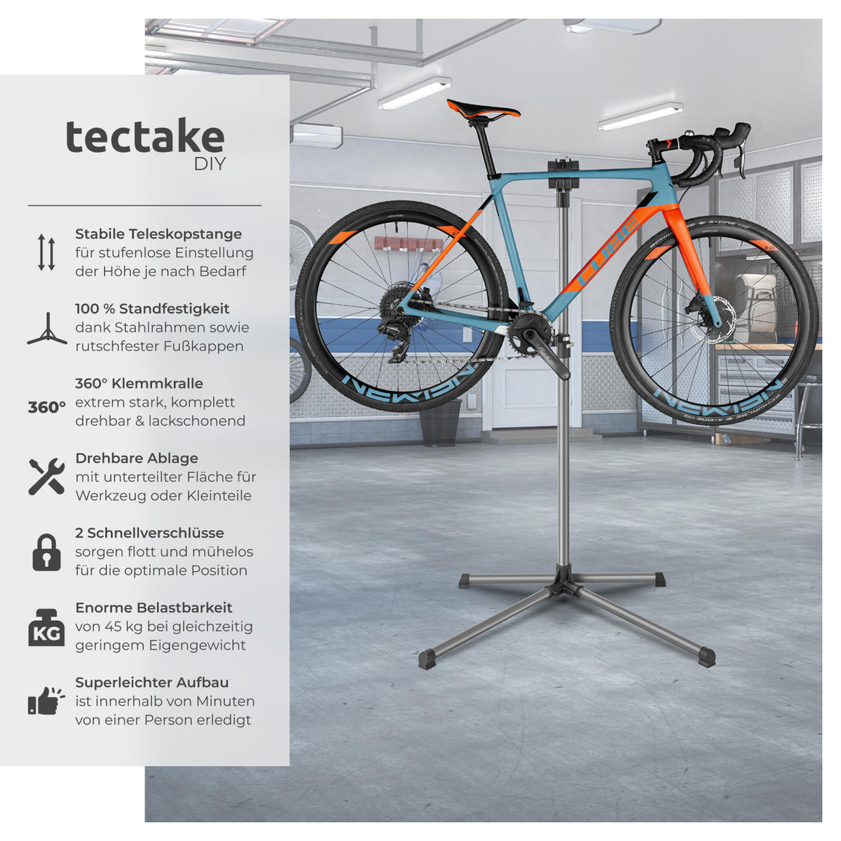 FAHRRADMONTAGESTÄNDER, inklusive Werkzeugablage, schwarz - Schwarz, Textil (60/155/90cm) - tectake