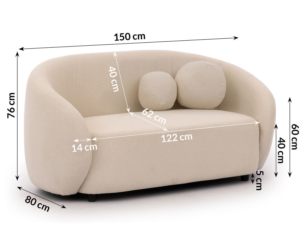 SITZGARNITUR 2+1 Roundi Cremeweiß Bouclé - Creme/Schwarz, Holz/Kunststoff (150/76/80cm) - S-Style Möbel
