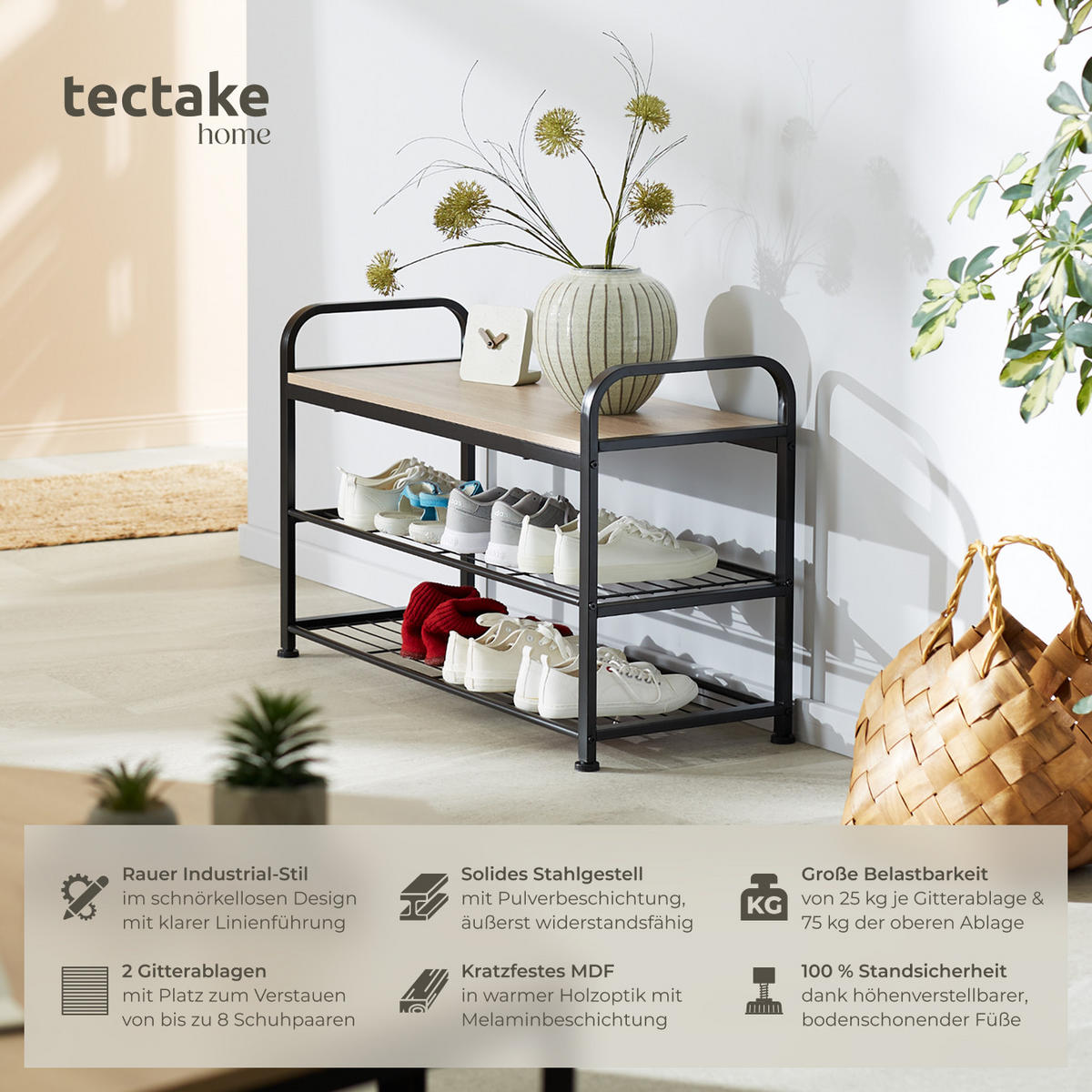 SCHUHREGAL Southampton,91 x 36 x 55 cm,Industrial Holz hell, Eiche Sonoma - Naturfarben, Metall (36/55/91cm) - tectake