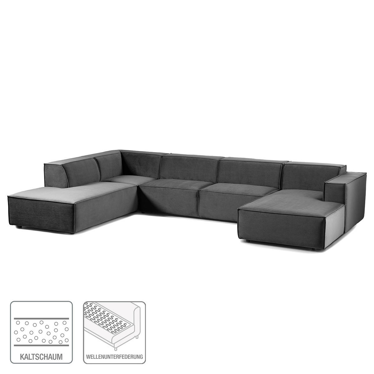 WOHNLANDSCHAFT mit Longchair & Ottomane - Schwarz/Grau, Kunststoff/Textil (369/70/234cm) - home24