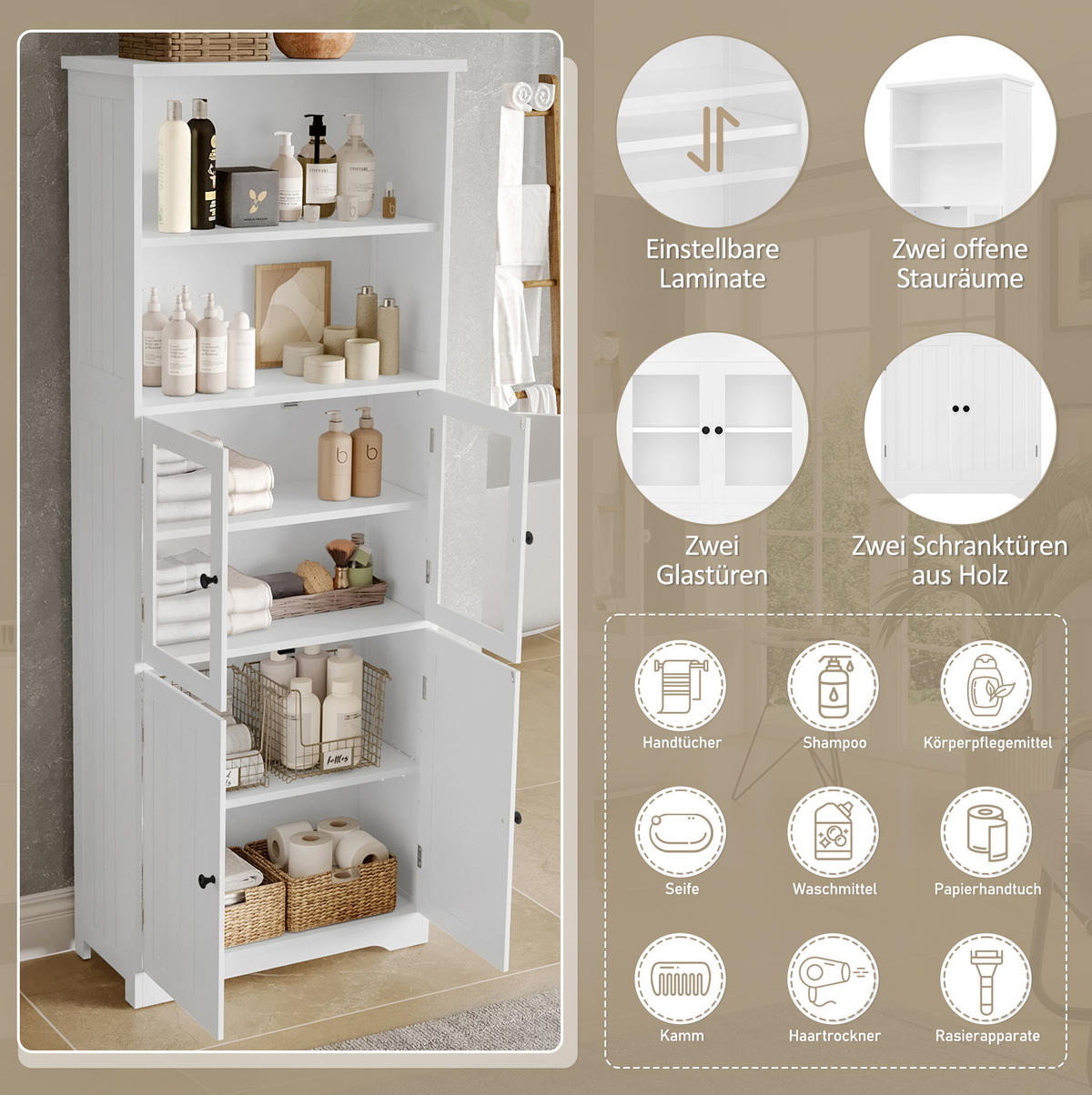 BADEZIMMER-HOCHSCHRANK 57.4x28.5x160cm in Weiß, feuchtigkeitsbeständig mit 4 Türen - Weiß, Holzwerkstoff (57.4/160/28.5cm) - Modfu