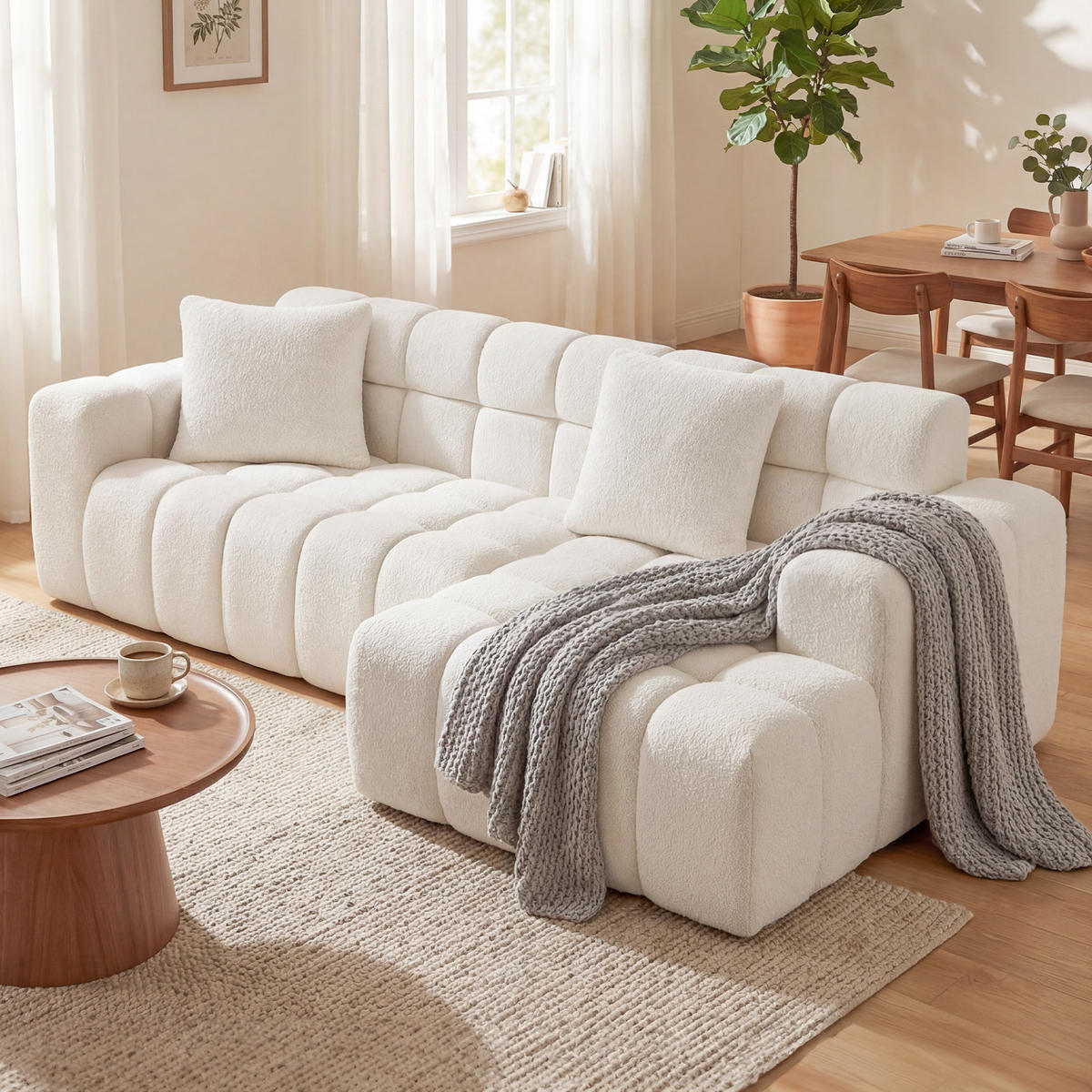 ECKSOFA L-Form 3-Sitzer in Weiß aus Samt mit recht Chaiselongue - Weiß, Textil (249.94/149.1cm) - CHICFURN