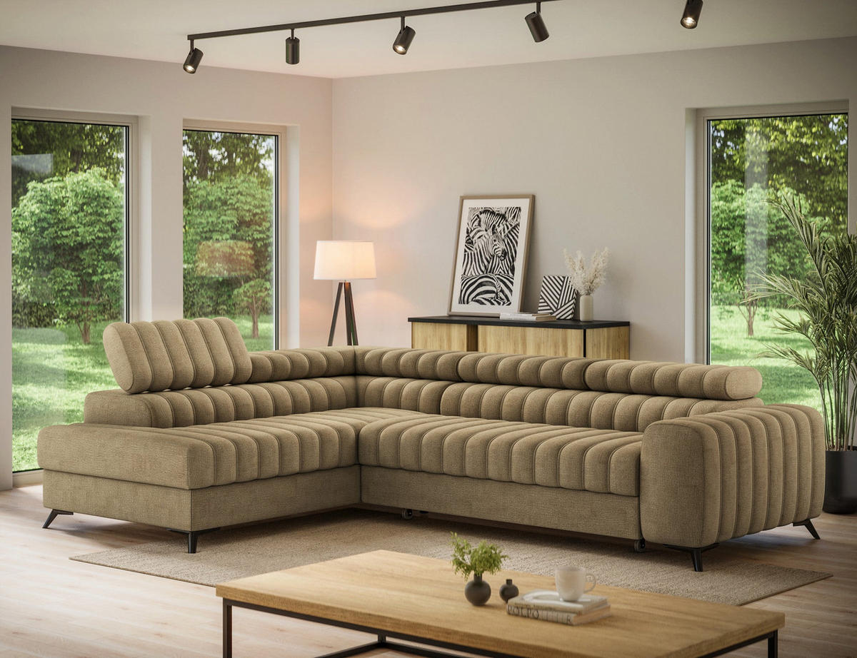 KANEDO Ecksofa mit Schlaffunktion und Bettkasten – Modernes Designsofa, verstellbare Kopfstützen, Metallfüße - Braun, Kunststoff (269/86cm) - Wohnideebilder