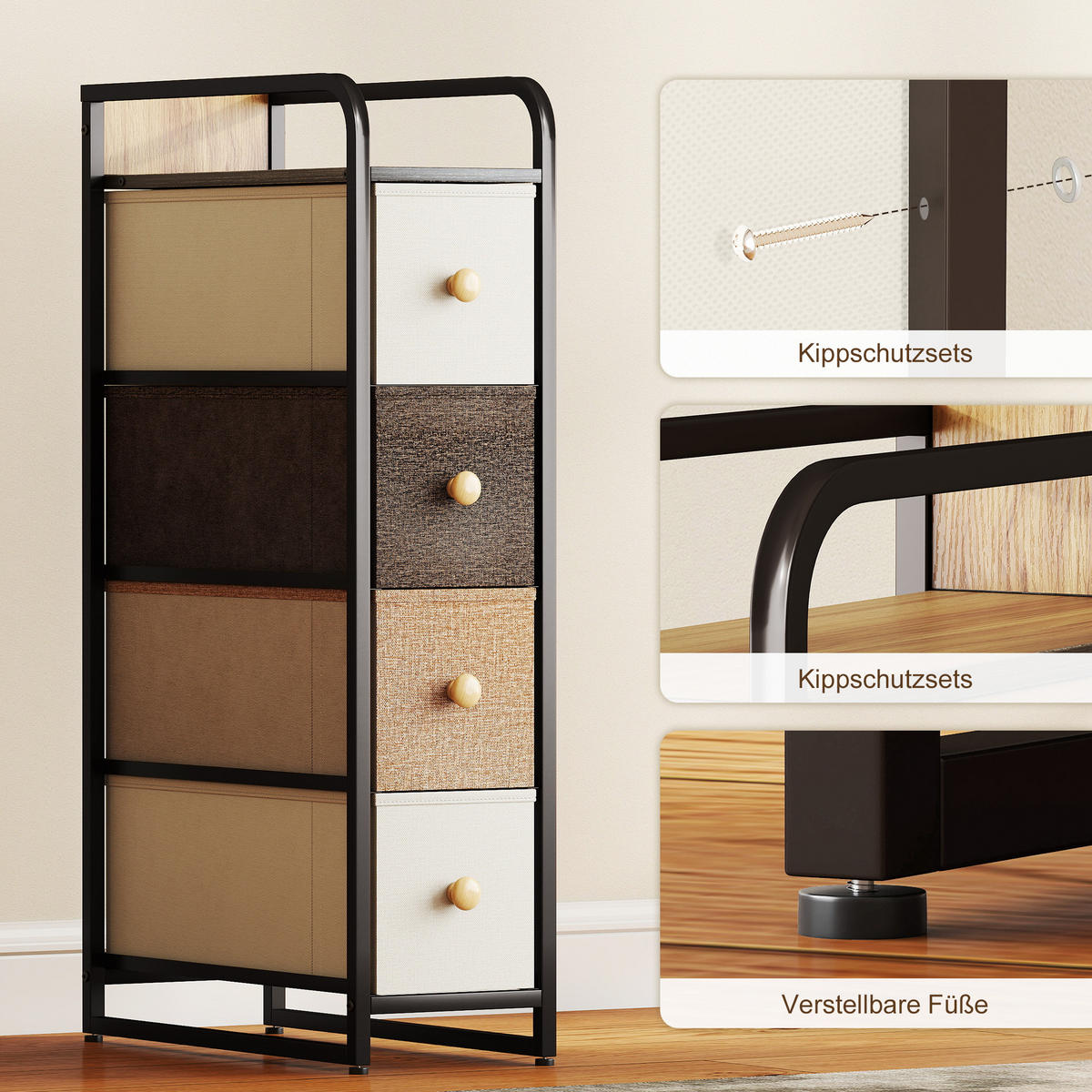 KOMMODE Schrank mit 4 Schubladen aus Vliesstoff Stahlrahmen Schubladenschrank - Multicolor/Braun, Holz/Textil (47/84.5/20cm) - HOMCOM