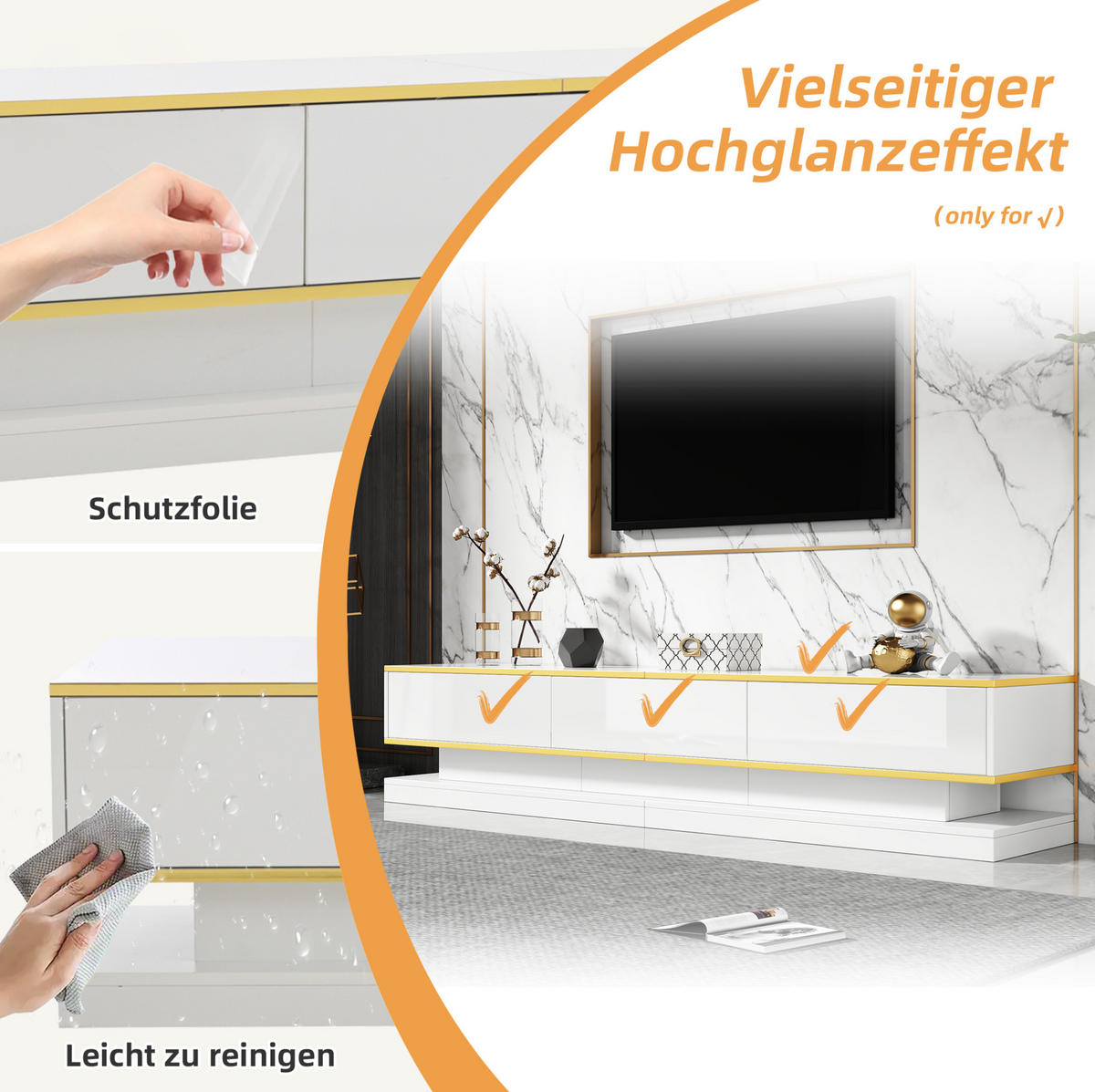 LOWBOARD 200/40/40 cm aus Spanplatte mit 3 Schubladen und Hochglanzfront Warmweiß mit Goldrand - Weiß, Holzwerkstoff (200/40/40cm) - Modenvie