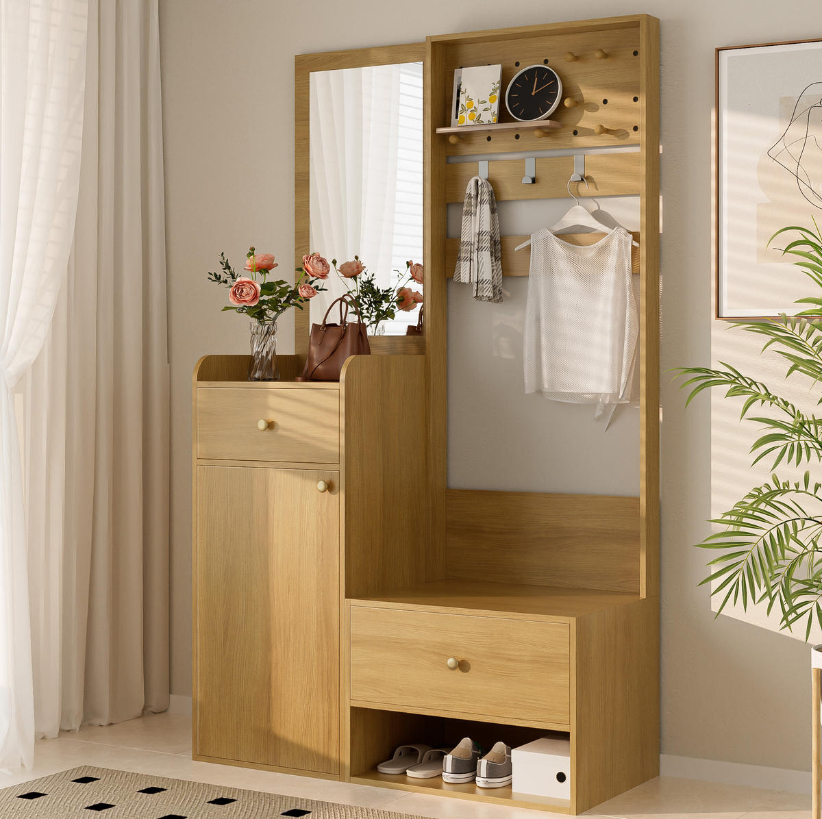 OMARA za oblačila 105/38/180 cm z ogledalom, 2 predaloma, zaprtim prostorom in odprto polico, Wood - naravne barve, leseni material (38/180/105cm) - Redom