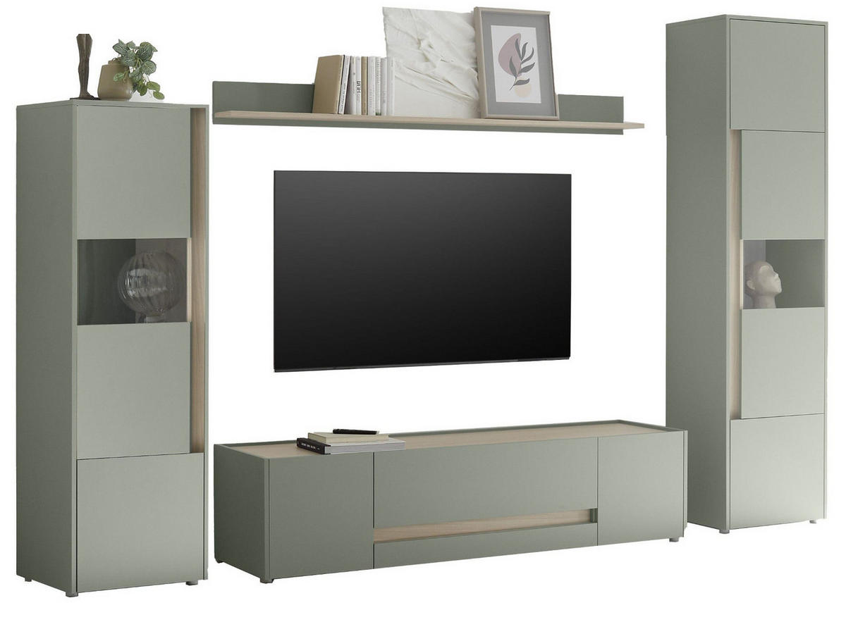 WOHNWAND Set 4-teilig 310 cm, Salbei grün, Eiche Barista, Komplettset mit viel Stauraum - Salbeigrün/Eichefarben, Glas/Holzwerkstoff (310/197/45cm) - Furn.Design