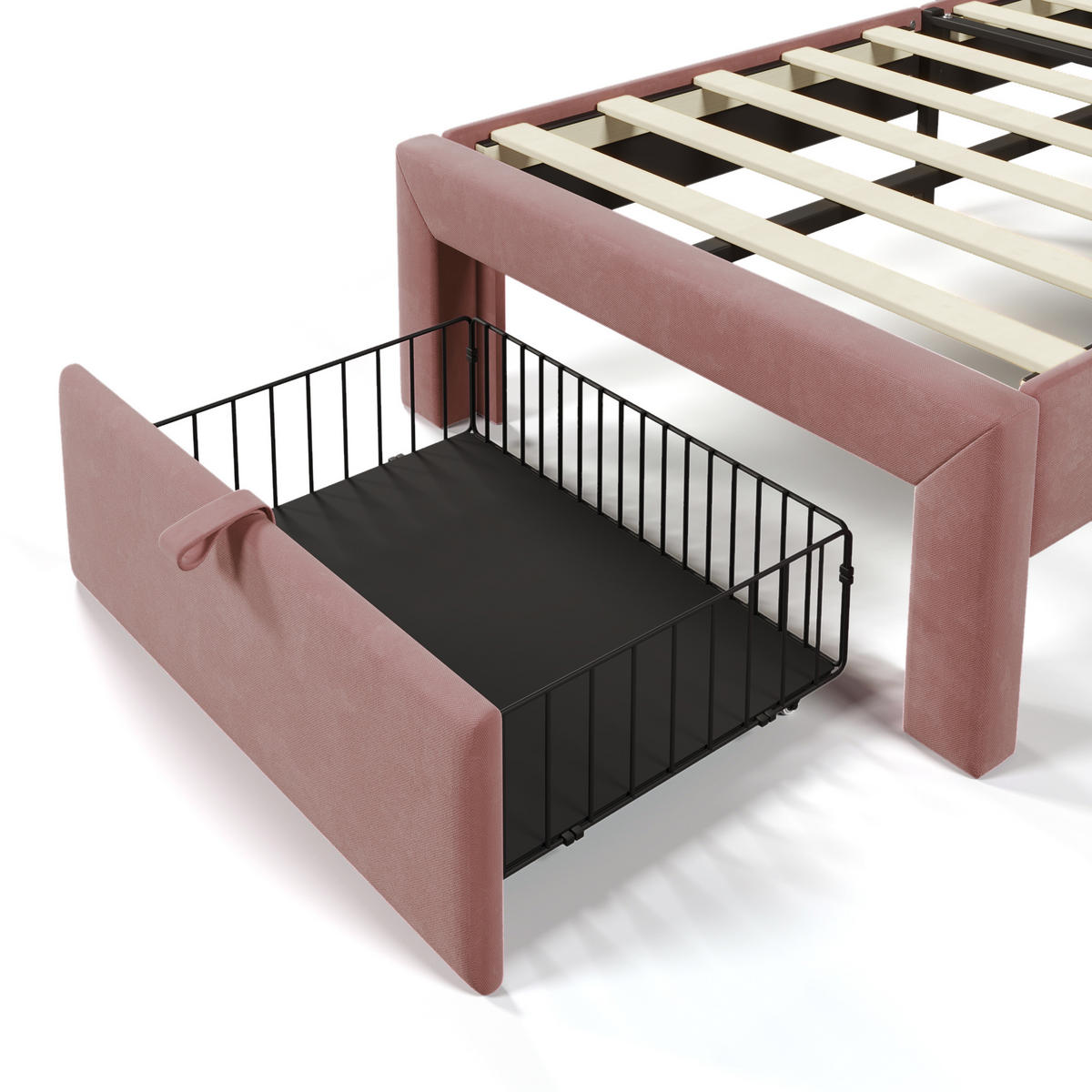 KINDEREINZELBETTEN aus Samt 90x200 cm in Rosa mit LED & Schublade - Rosa, Textil (90/200cm) - Modfu