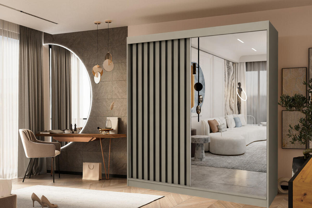 SCHWEBETÜRENSCHRANK Erika 200 cm mit Lamellen und Spiegel 2-türig, kaschmir, schwarz - Kaschmir/Schwarz, Kunststoff (200/216/51cm) - Margaret Hadas24