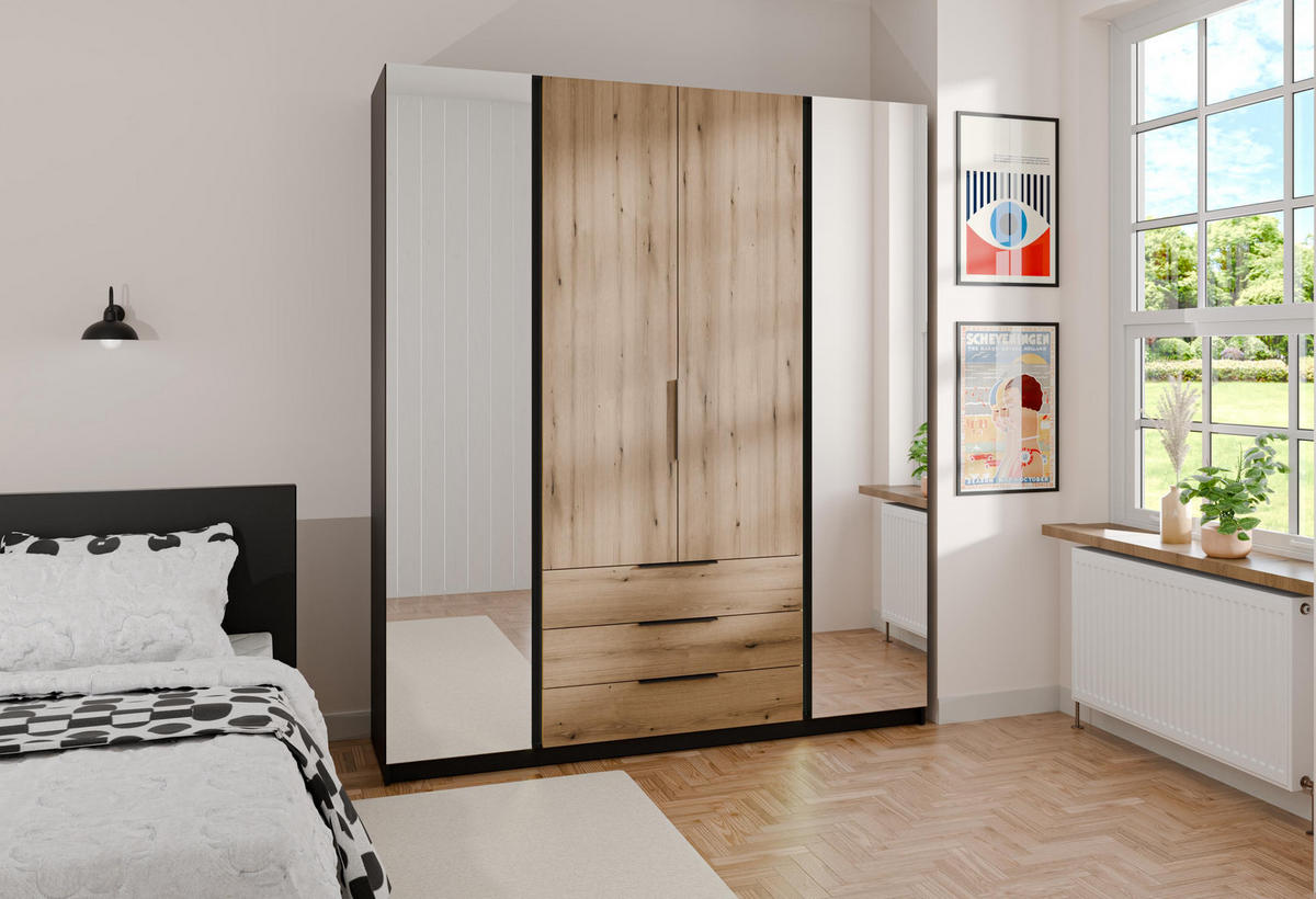 KLEIDERSCHRANK Nehir Schwarz/Eiche Evoke 200 cm - 4T3S Modern mit Schubladen und 2 Spiegeln außen - Eichefarben/Schwarz, Holzwerkstoff/Kunststoff (200/239/61.9cm) - AX Living