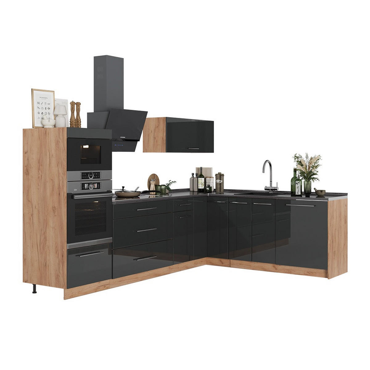 KUHINJA U OBLIKU SLOVA L Fame-Line, Antracit visokog sjaja/Hrast zlatnog tona, 287 x 207 cm bez radne ploče - hrast medunac/crna visoki sjaj, drvni materijal (287/153.6/51.6cm) - Vicco