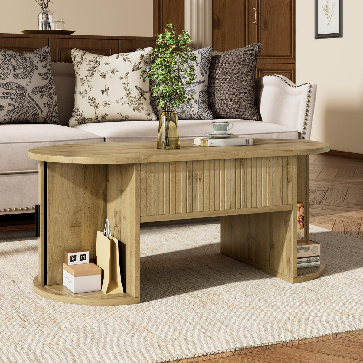 COUCHTISCH 100/50/40,5 cm eichefarben aus Holzwerkstoff mit höhenverstellbarer Tischplatte Schiebetüren und offenen Regalen - Eichefarben, Holzwerkstoff (100/50/40.5cm) - OKWISH