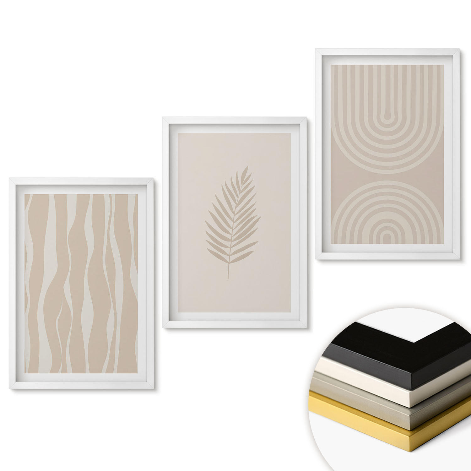 WANDBILDER 3er-Set - 40x60 cm Weißer Rahmen - Beige Pflanzenmuster - Weiß, Kunststoff (40/60cm) - ArtPrintCave