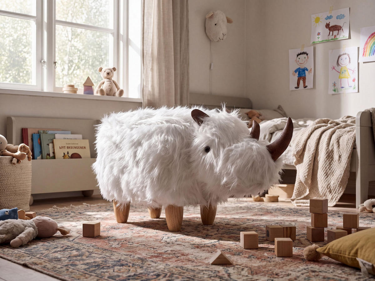 TIERHOCKER Sandbeige Woolly - Weiß/Braun, Kunststoff (66/37/36cm) - Beliani