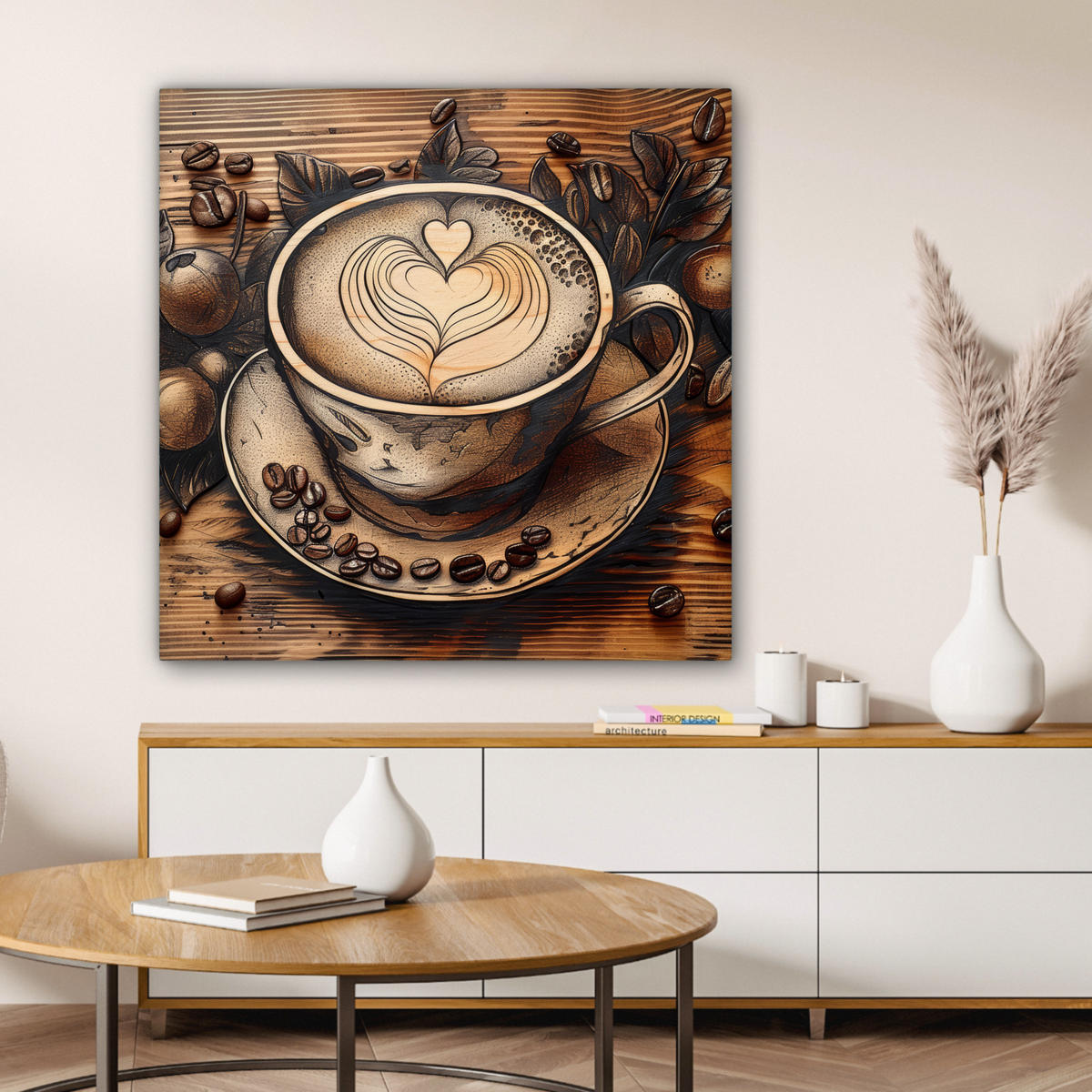 LEINWANDBILD Kaffee - Vintage - Braun - Tasse - Holz 90x90 cm - Braun, Textil (90/90cm) - MuchoWow
