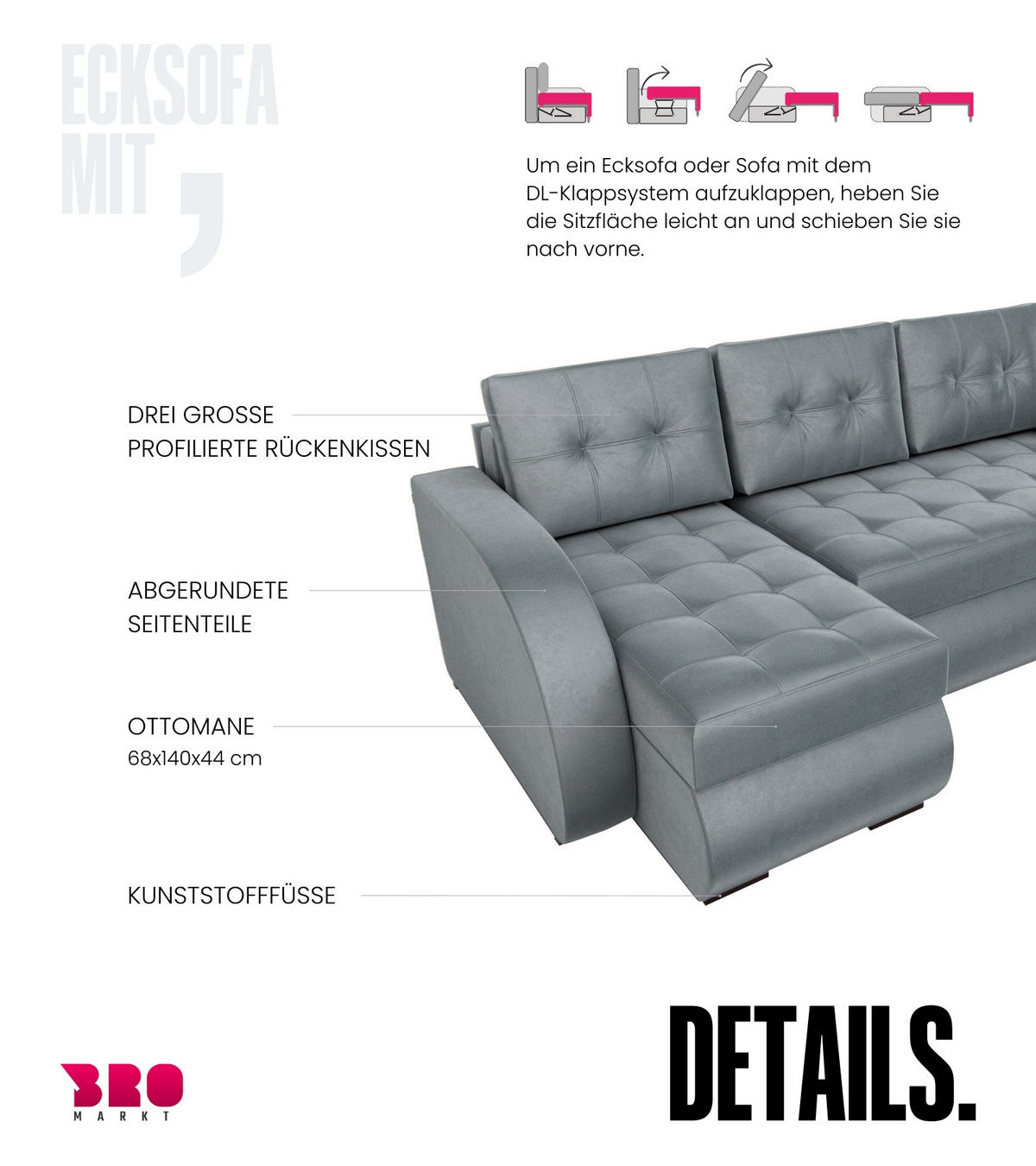 ECKSOFA Bergen mit Schlaffunktion Grau Samtstoff - Grau, Textil (238/141cm) - Bromarkt