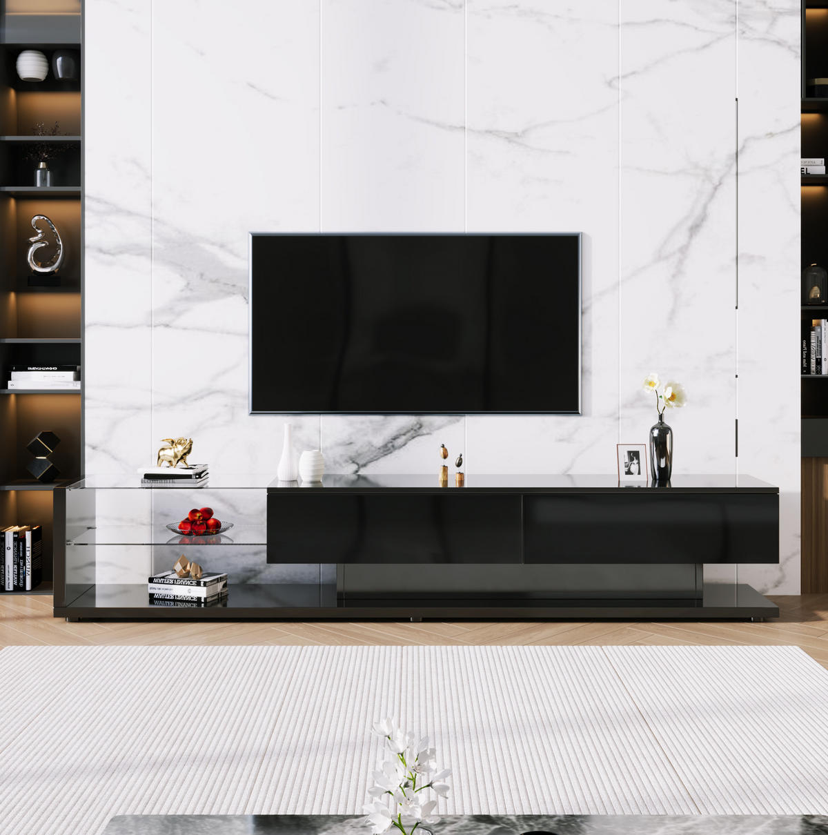 TV-LOWBOARD aus Spanplatte 170x36x38 cm Schwarz Hochglanz mit LED-Beleuchtung, App-Steuerung und Glasböden - Schwarz, Holzwerkstoff (170/38/36cm) - Modfu
