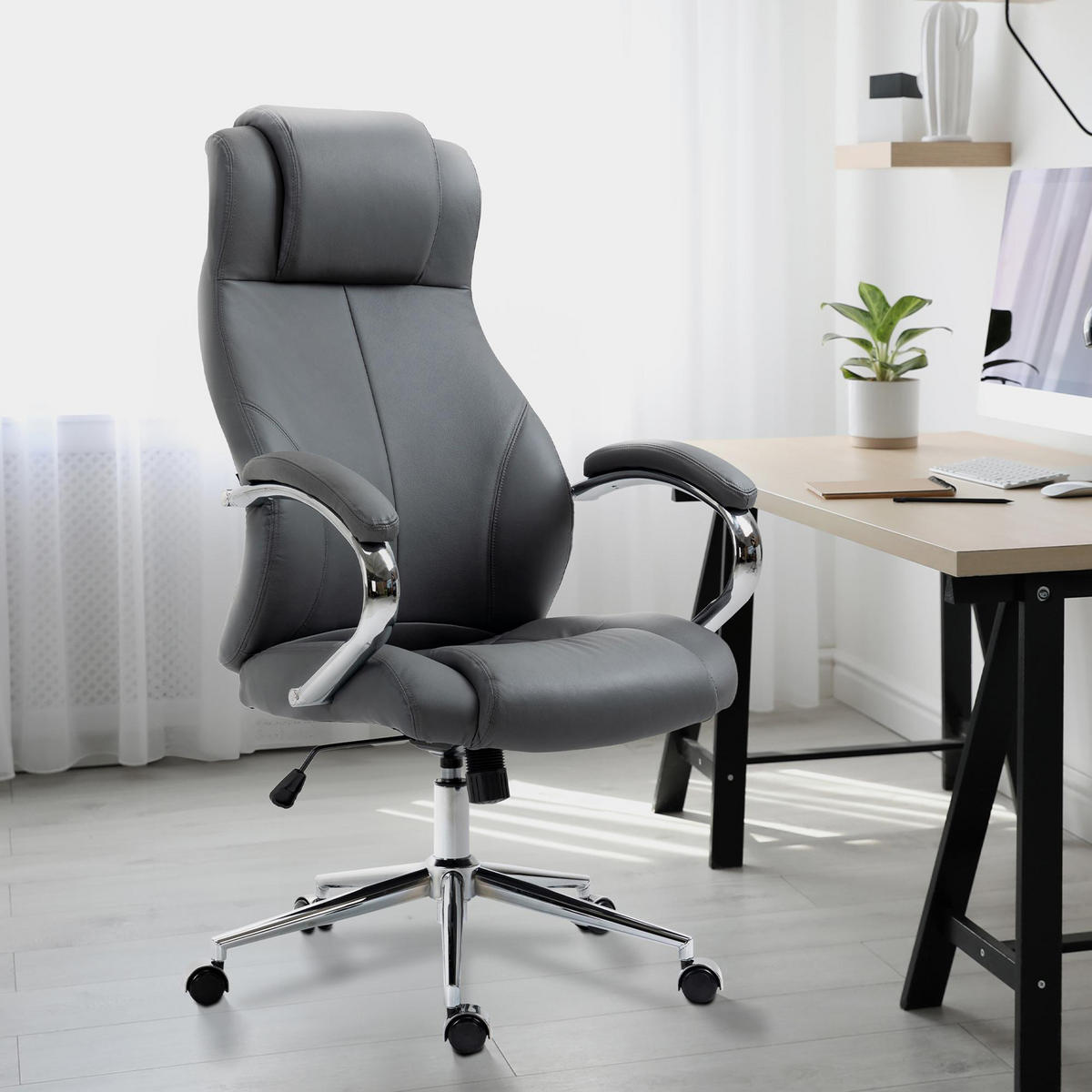 BÜROSTUHL Kyron Echtleder grau - Chromfarben/Grau, Leder/Metall (64/130/79cm) - TPFLiving