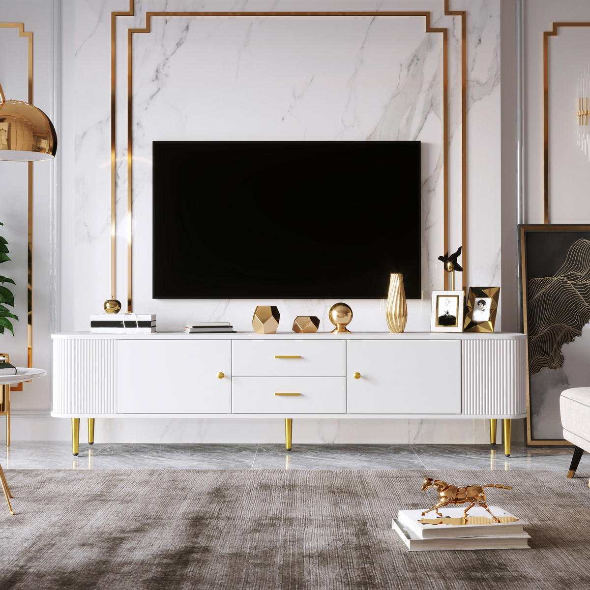 TV-ELEMENT170X34X45CM Weiß mit goldenen Beinen und abgerundeten Ecken - Weiß, Holz (40.64/34.29/57.15cm) - Raelunyi