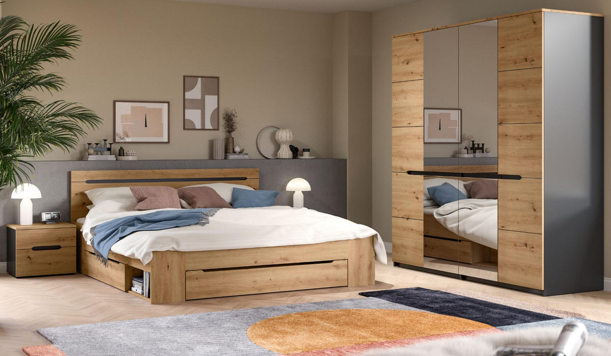 SCHLAFZIMMER Set 4-teilig Eiche Artisan, grau, Komplettset mit Kleiderschrank, Bett und 2x Nachttisch - Eiche Artisan/Grau, Glas/Holzwerkstoff - Inn.Furn