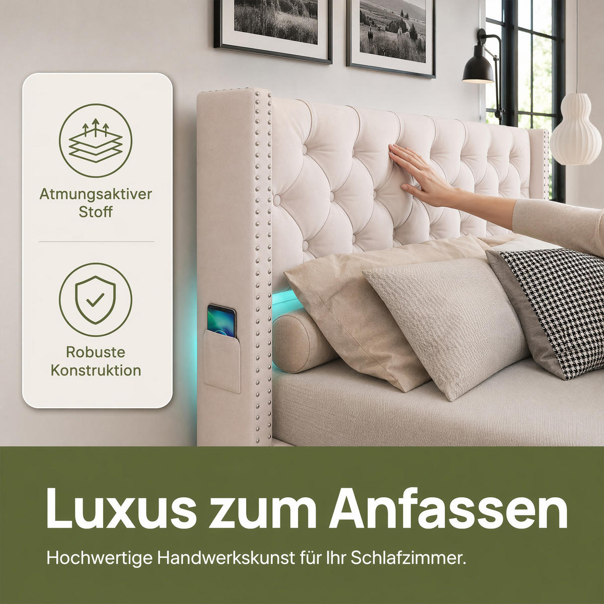 POLSTERBETT 180x200 mit LED und USB, Stauraum, Lattenrost und 2 Schubladen, doppelbett 180x200, Samt Ecru - Ecru, Holz/Textil (180/200cm) - GENKI LIVING