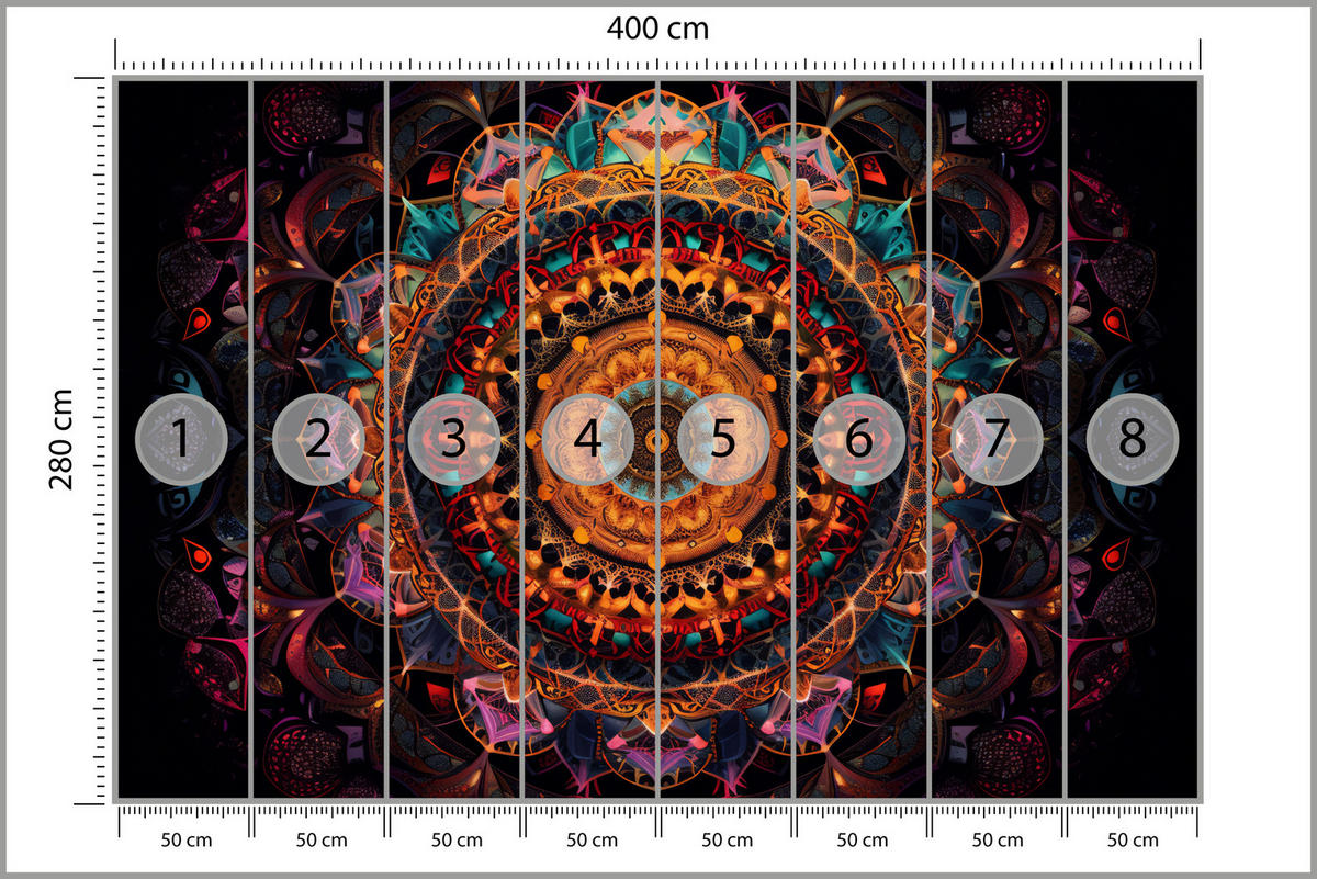 FOTOTAPETE für Schlafzimmer Bunte Mandala Vintage Orientalisch Harmonisch 400x280 - Gelb/Rot, Papier (400/280cm) - Muralo