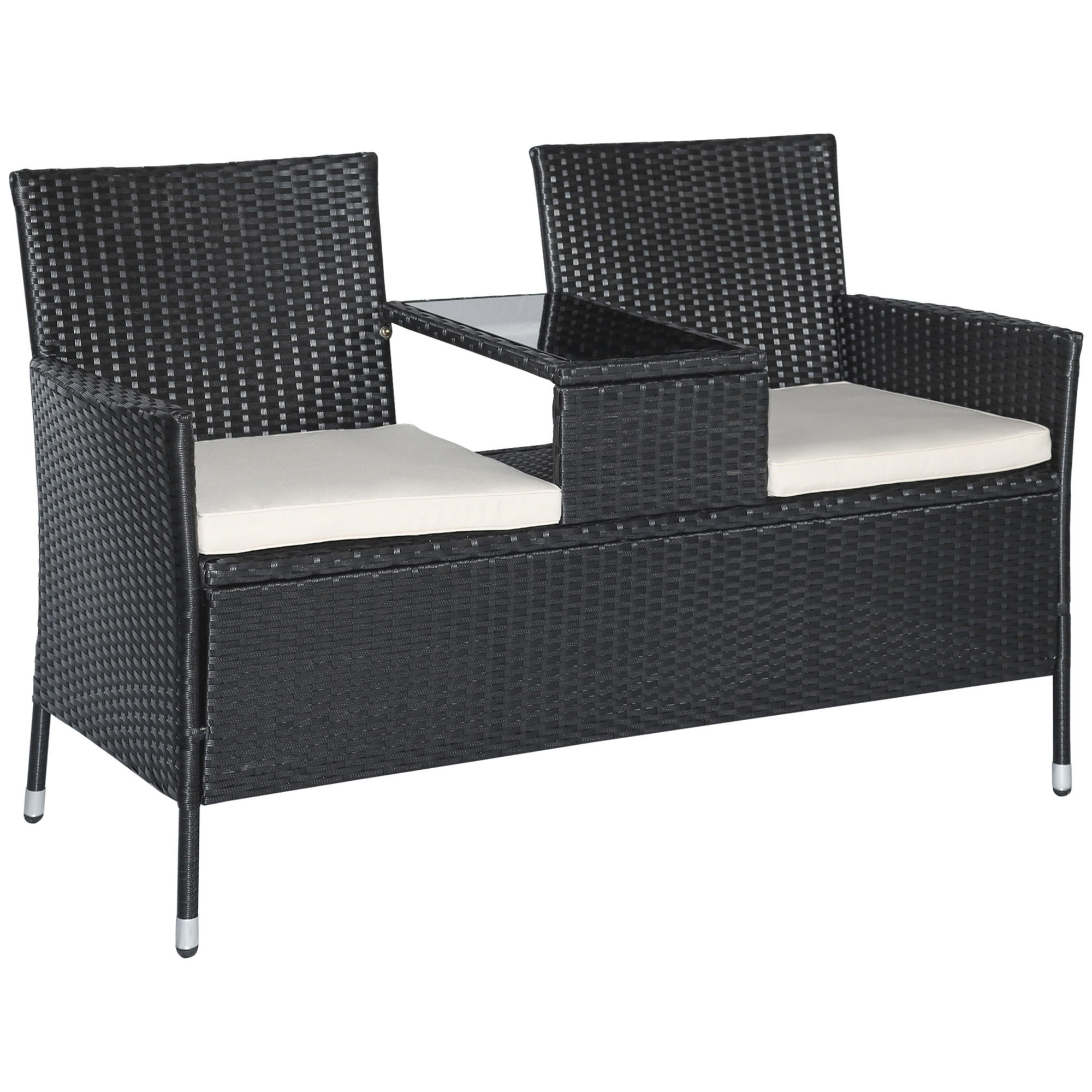 POLYRATTAN Gartenbank mit Tisch 2-Sitzer Stahl Schwarz B133 x T63 x H84cm - Schwarz, Kunststoff (63/84/133cm) - Outsunny