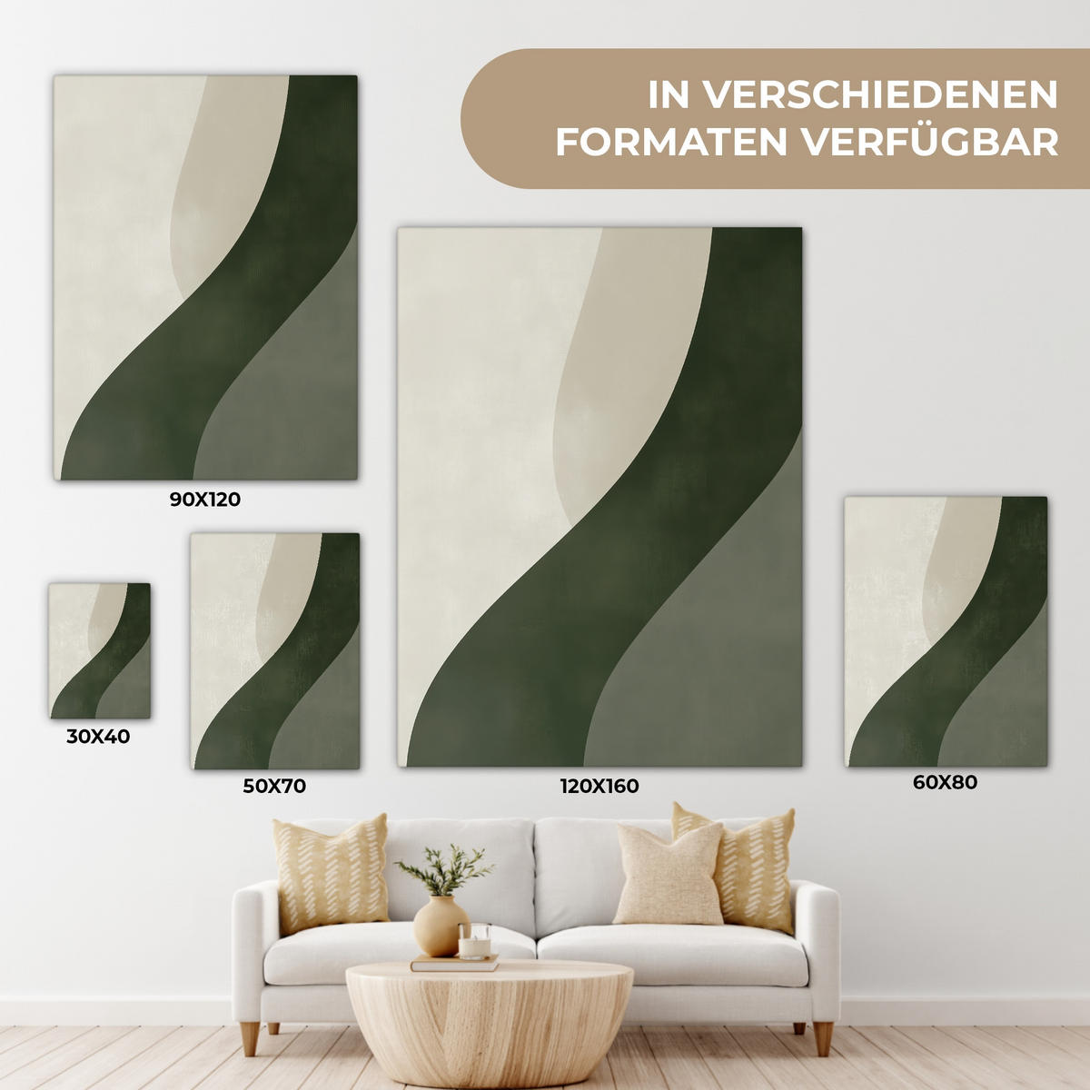 LEINWANDBILD Japandi - Grün - Abstrakt - Modern 30x40 cm - Salbeigrün, Textil (30/40cm) - MuchoWow