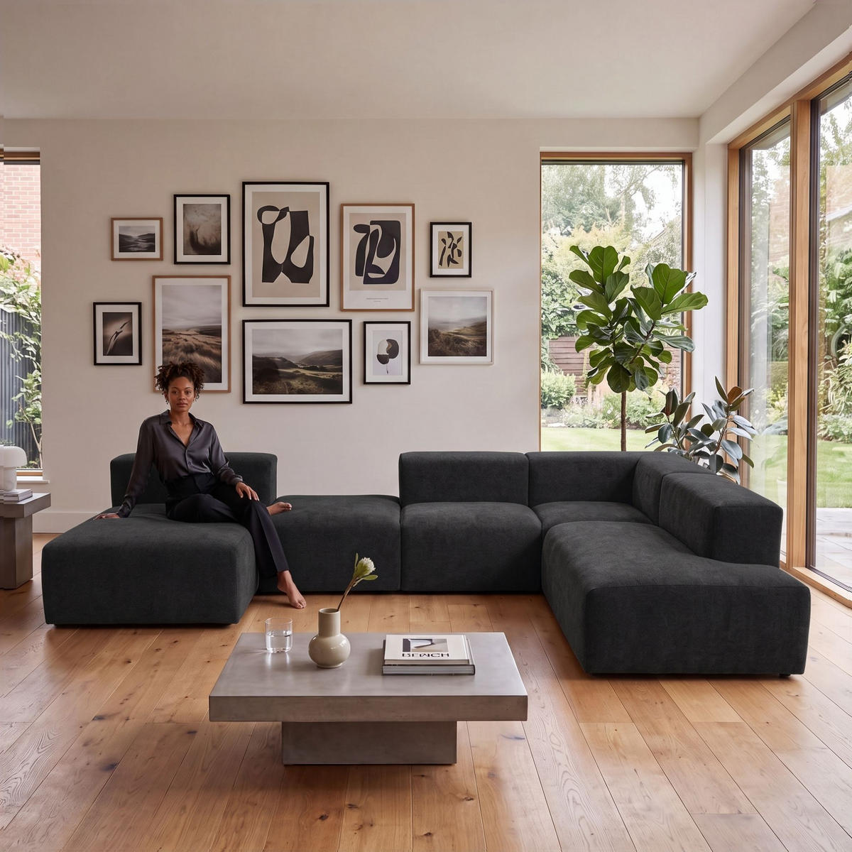 5-SITZER modulares Wohnlandschaft U XXL HEAVEN SET 6 Rechts, Breite 375 cm Webstoff Schwarz - Schwarz, Holz/Kunststoff (245/73/375cm) - Muffo