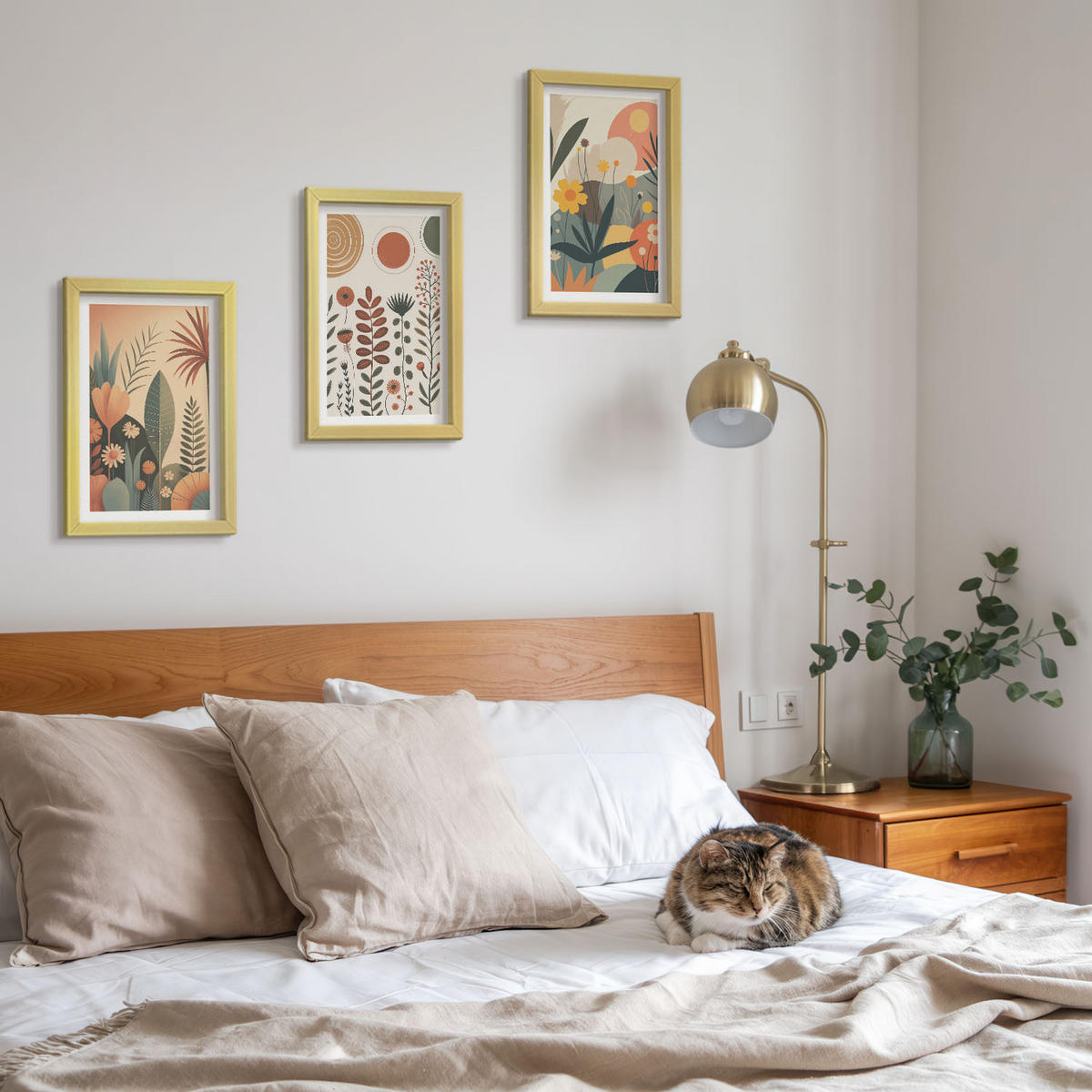 WANDBILDER 3er Set - 20x30 cm Goldrahmen - Boho-Pflanzenmuster Natur - Goldfarben, Kunststoff (20/30cm) - ArtPrintCave