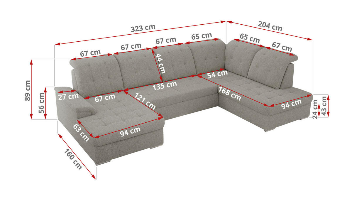 WOHNLANDSCHAFT MADRITO U - Hellgrau Boucle - Links - Silberfarben/Hellgrau, Textil/Metall (204/89/323cm) - MKS