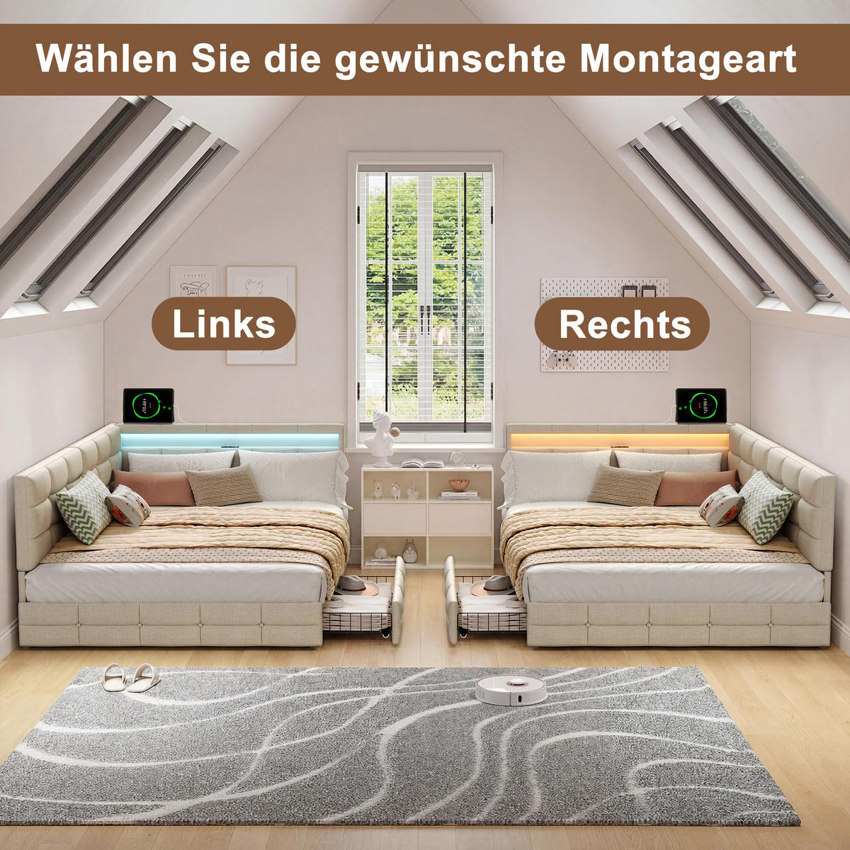 BETT 140x200 cm mit L-förmigem Kopfteil, 2 Schubladen, USB-Ladeanschluss, LED-Licht, Leinenstoff, Beige - Beige, Holz (140/200cm) - BRILVERDE