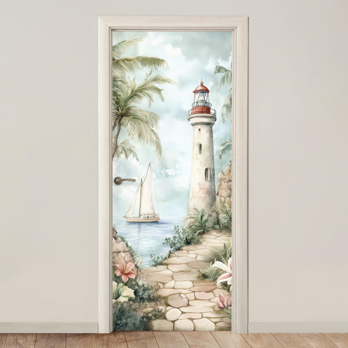 FOTOTAPETE Tür - Leuchtturm - Natur - Landschaft - Boot 95x235 cm - Eichefarben, Kunststoff (95/0.1cm) - MuchoWow