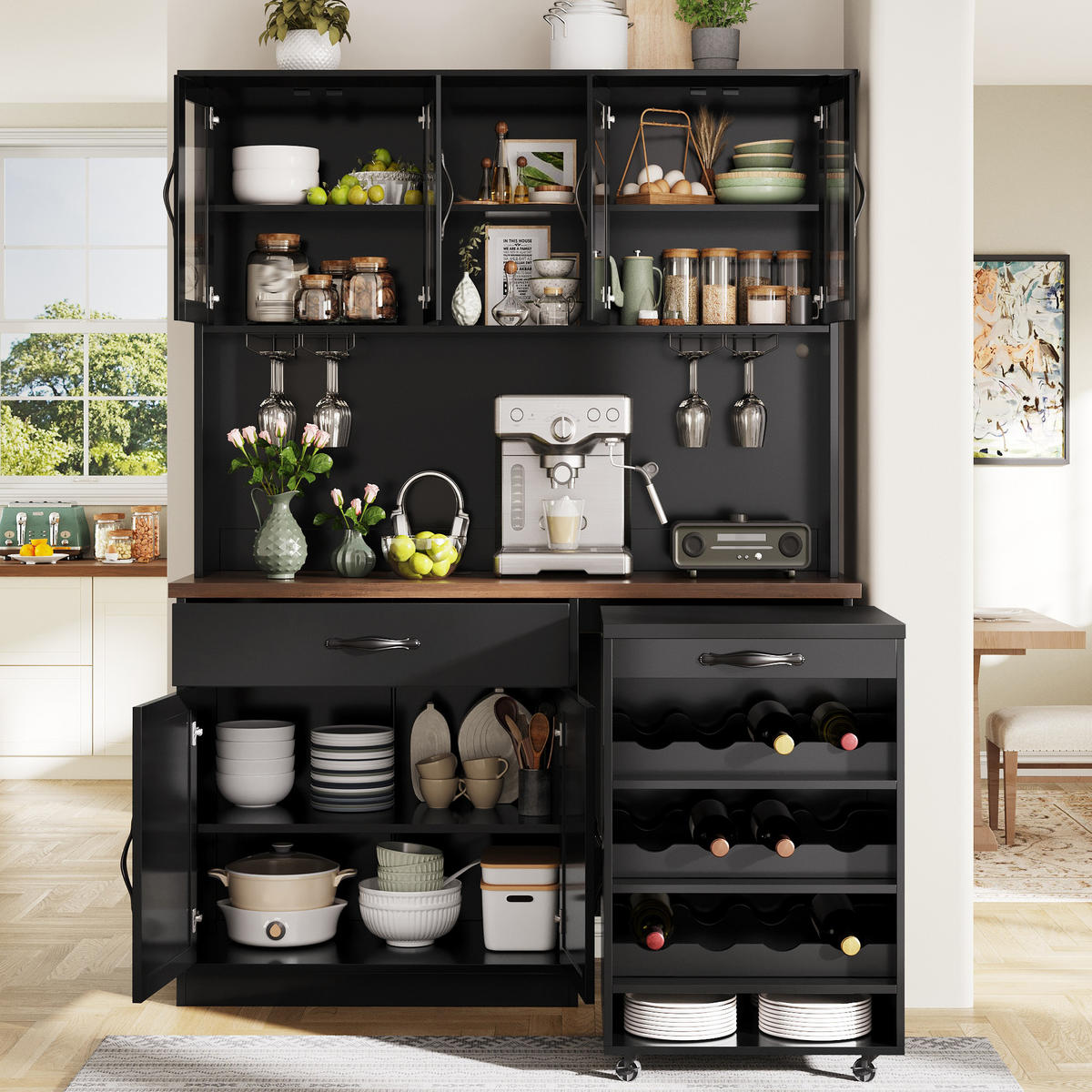 KÜCHENSCHRANK 140Cm LED Rollwagen Weinregal Glas - Schwarz, Holzwerkstoff (140/180/38cm) - FLIEKS