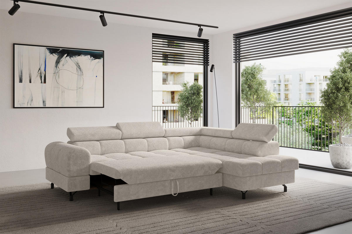 ECKSOFA mit Schlaffunktion Ottomane Rechts LUMA-L 272x203x70 Beige Velours - Beige/Schwarz, Holzwerkstoff/Kunststoff (203/272cm) - ALTDECOR