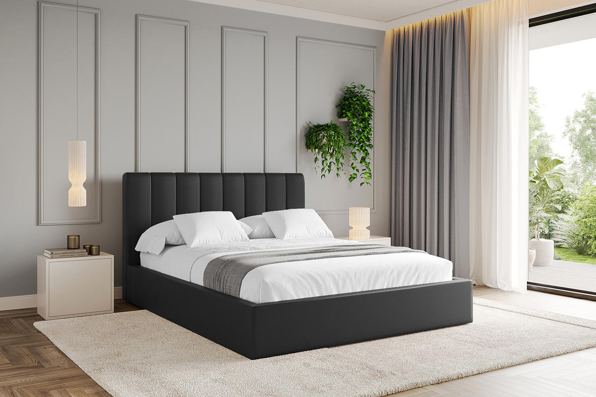 POLSTERBETT mit Bettkasten und Lattenrost, Bett mit Matratze H3/H4 - STERA 160x200 Schwarz Kunstleder - Schwarz Hochglanz, Holzwerkstoff/Textil (160/200cm) - ALTDECOR