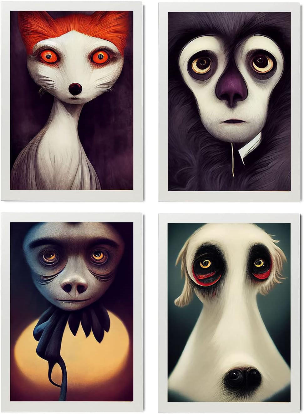 POSTER Set mit 4 Hören Tier im T Burton Goth Stil A4 Weißer Rahmen - Weiß, Papier (29.7/3cm) - Nacnic