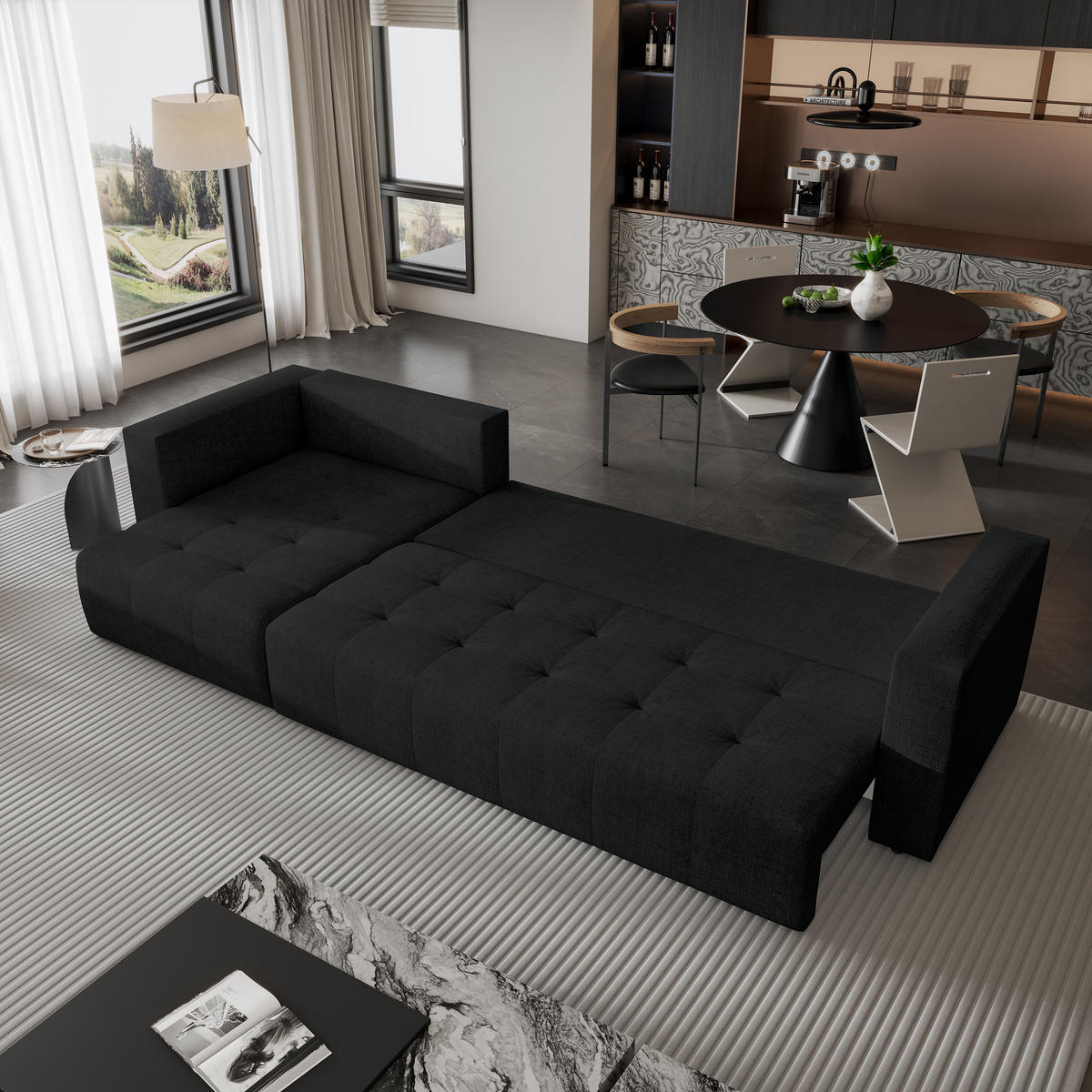 ECKSOFA OLVERA Schwarz Geflochtener Stoff mit Schlaffunktion - Schwarz, Holz (347/148cm) - MASSENO