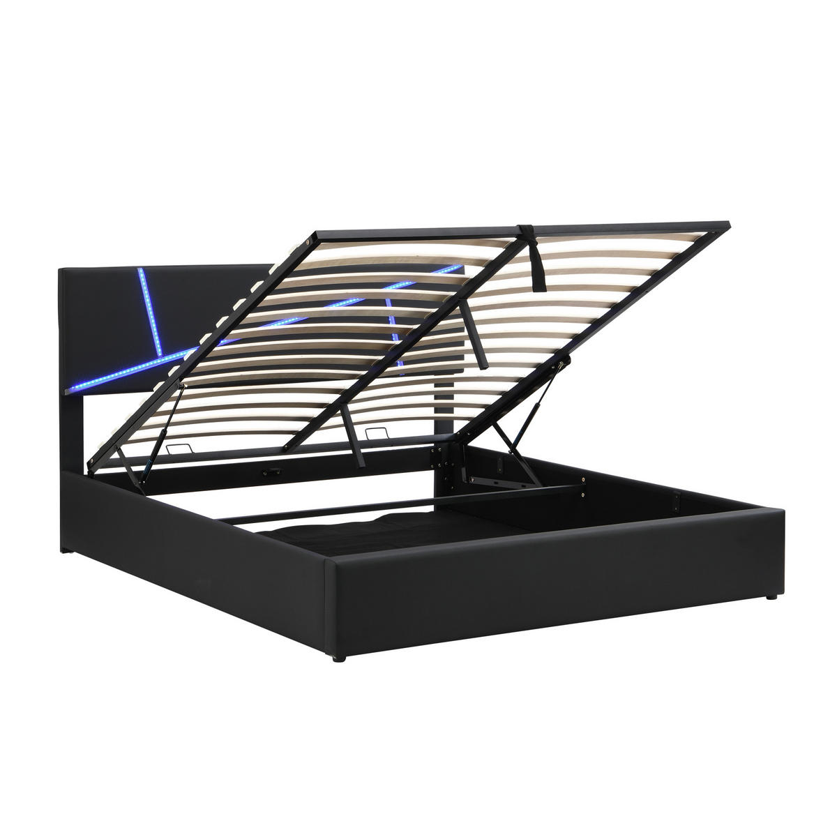 BETT mit LED und Stauraum PU Schwarz - Schwarz, Metall (140/200cm) - Meubliv