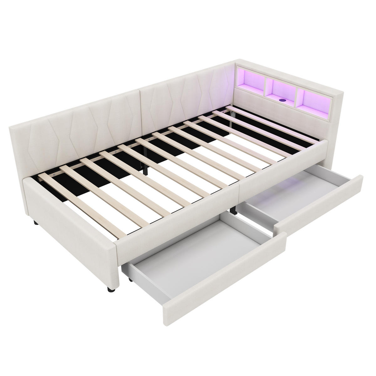 POLSTERBETT 90/200 cm mit Ablagefach USB+Typ C mit LED-Beleuchtung und zwei Schubladen Leinen Beige - Beige, Textil (90/200cm) - OKWISH
