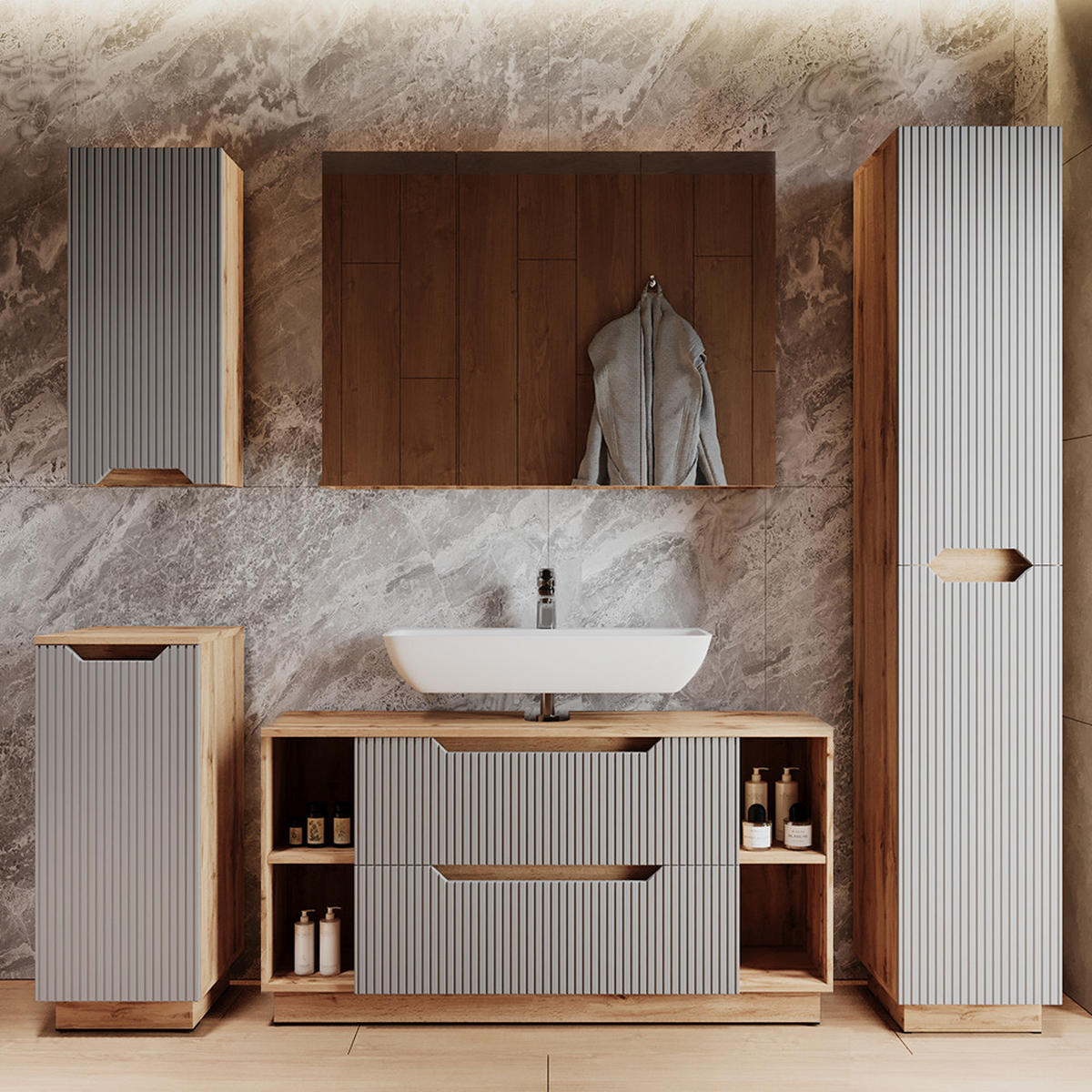 BADMÖBEL-SET Lotta Eiche/grau gestreift 2 Teile - Eichefarben/Grau, Holzwerkstoff (119.2/62.5/35cm) - Vicco
