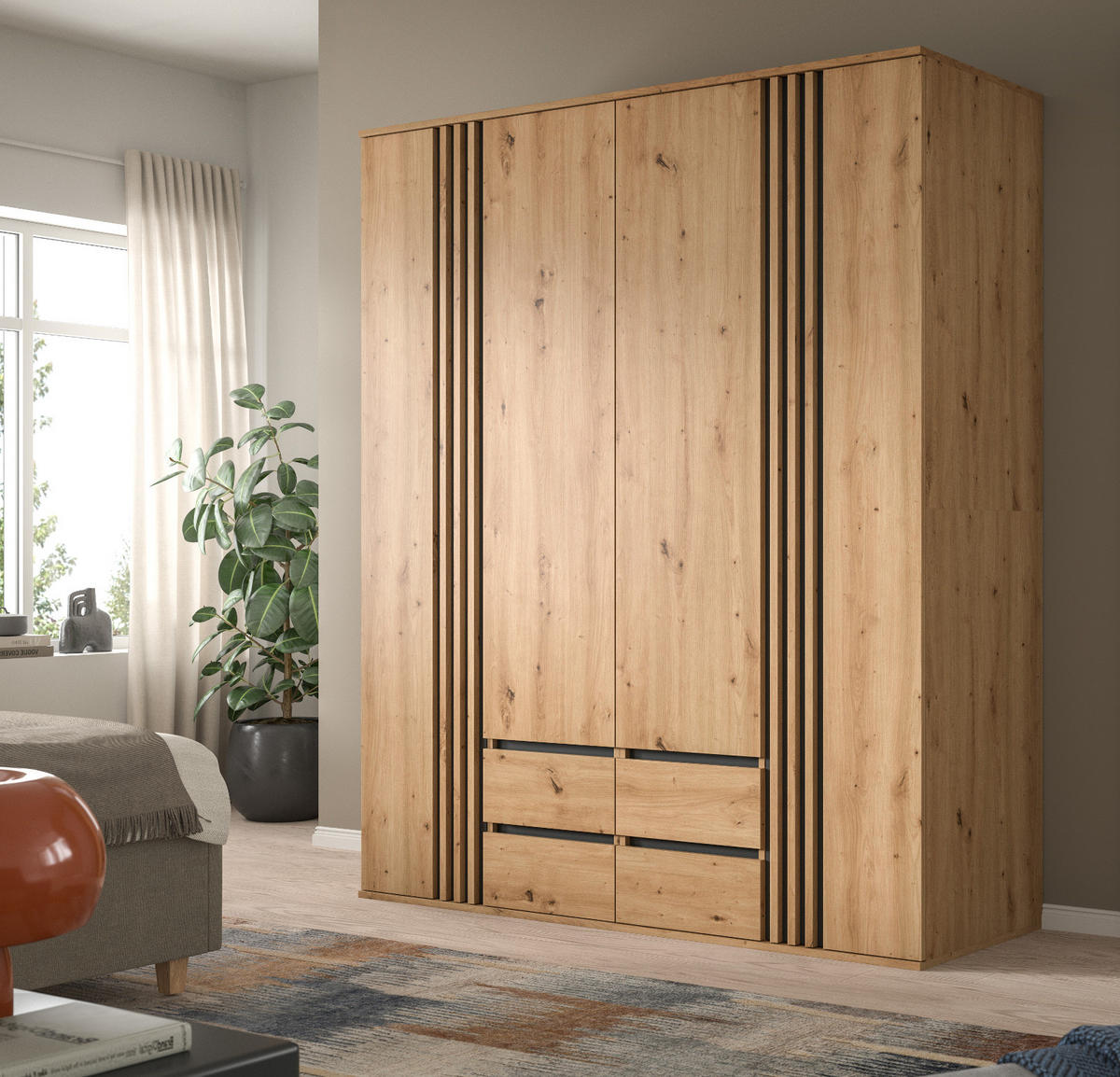 KLEIDERSCHRANK Eiche Artisan, grau 160 x 192 cm 4-türig, Drehtürenschrank mit Schubladen - Anthrazit/Eiche Artisan, Holzwerkstoff (160/192/56cm) - Inn.Furn
